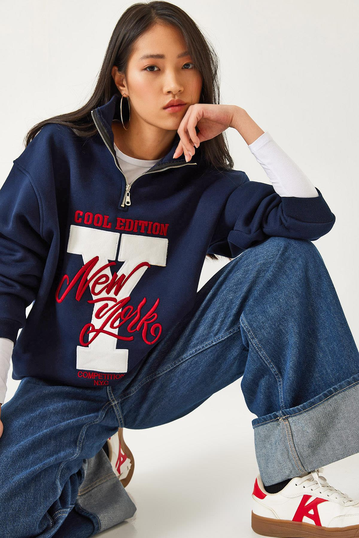 Fermuarlı Üç İplik Şardonlu Baskılı Sweatshirt 60351291 - Lacivert