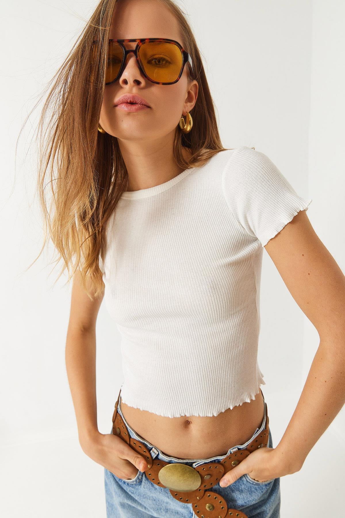 Fitilli Kaşkorse Basic T-Shirt 60261476 - Beyaz