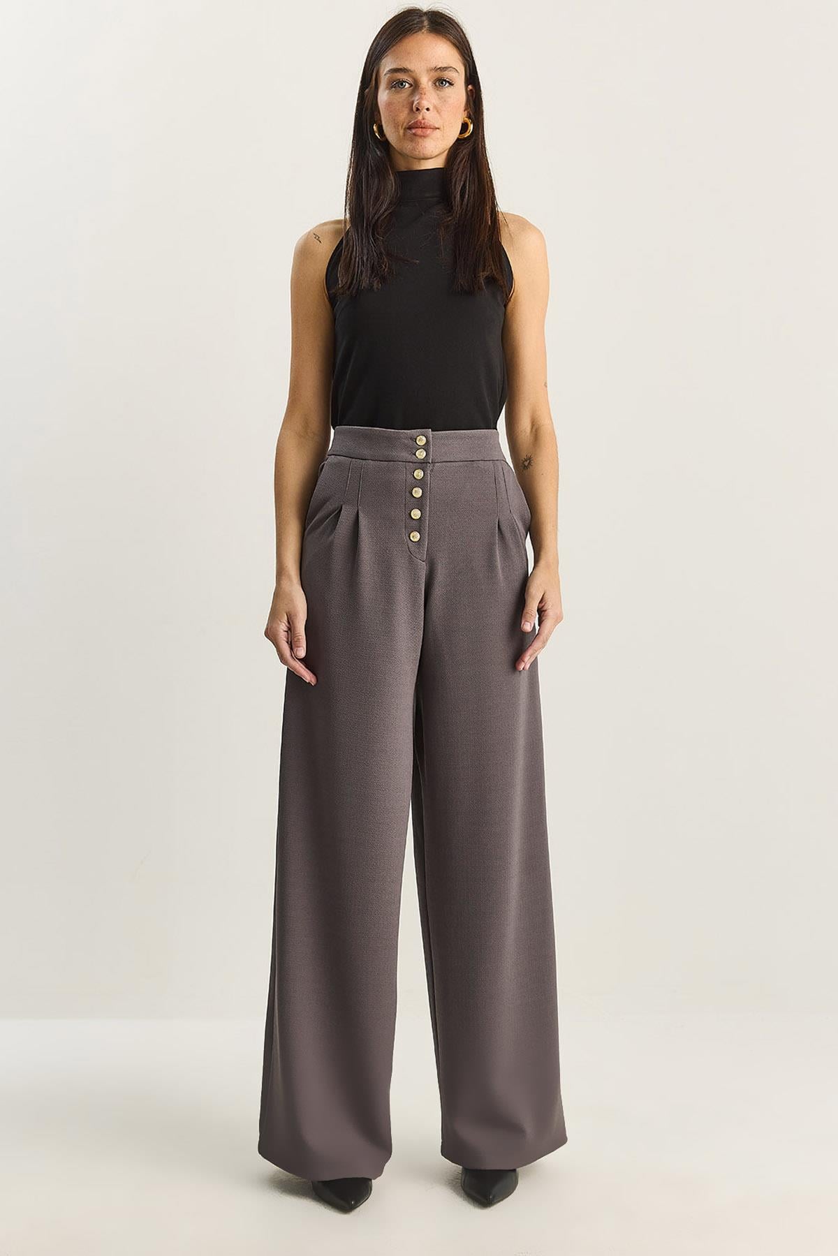Gold Düğme Detaylı Pileli Yüksek Bel Palazzo Pantolon 60282038 - Gri PANTOLON modelleri