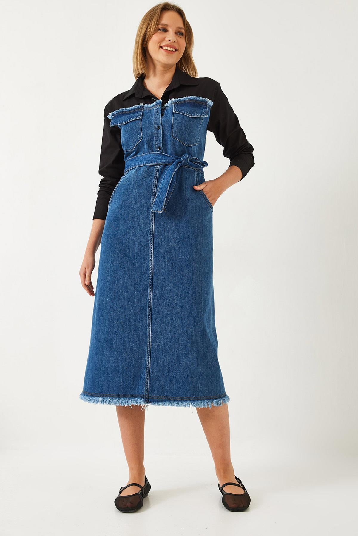 Gömlek Yaka Kemerli Denim Elbise 8171 60351337 - Siyah-İndigo