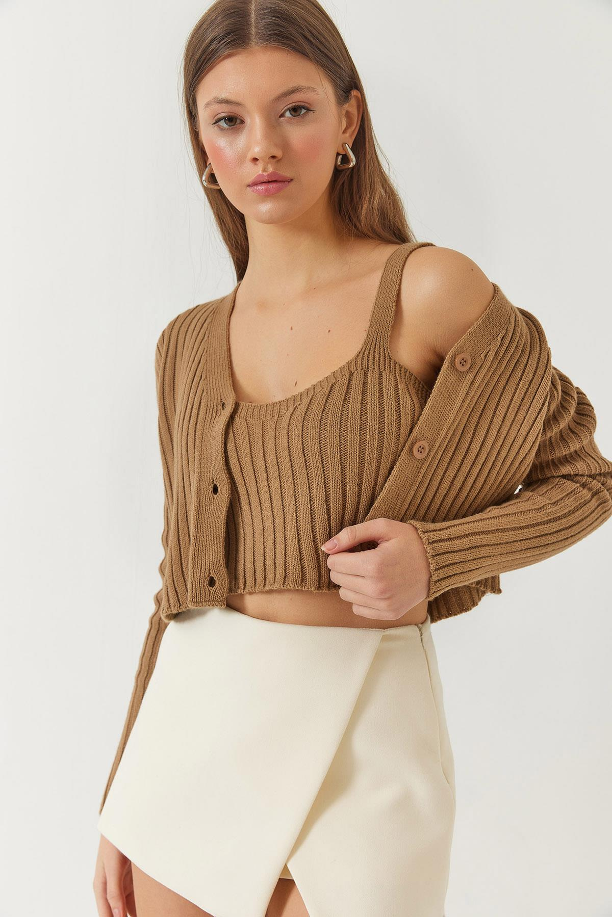 Hırka Crop Atlet İkili Triko Takım 60261447 - Camel