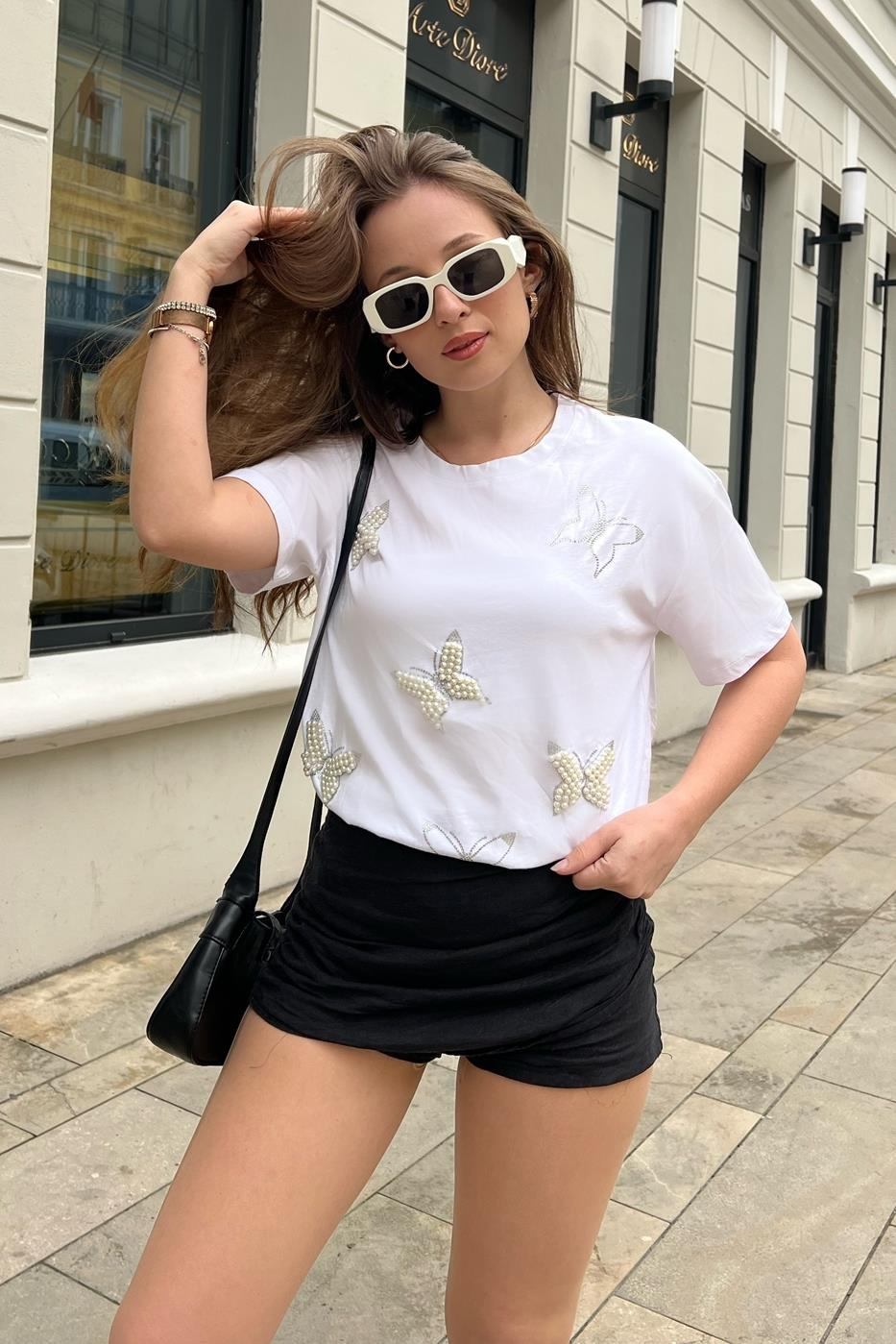 İnci Taş İşlemeli Penye Tshirt 60211009 - Beyaz T-SHİRT modelleri