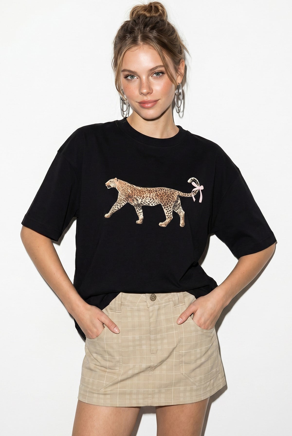 Kadın %100 Pamuk Çita Baskılı Oversize T-Shirt ÖT261125 60286380 - Siyah T-SHİRT modelleri