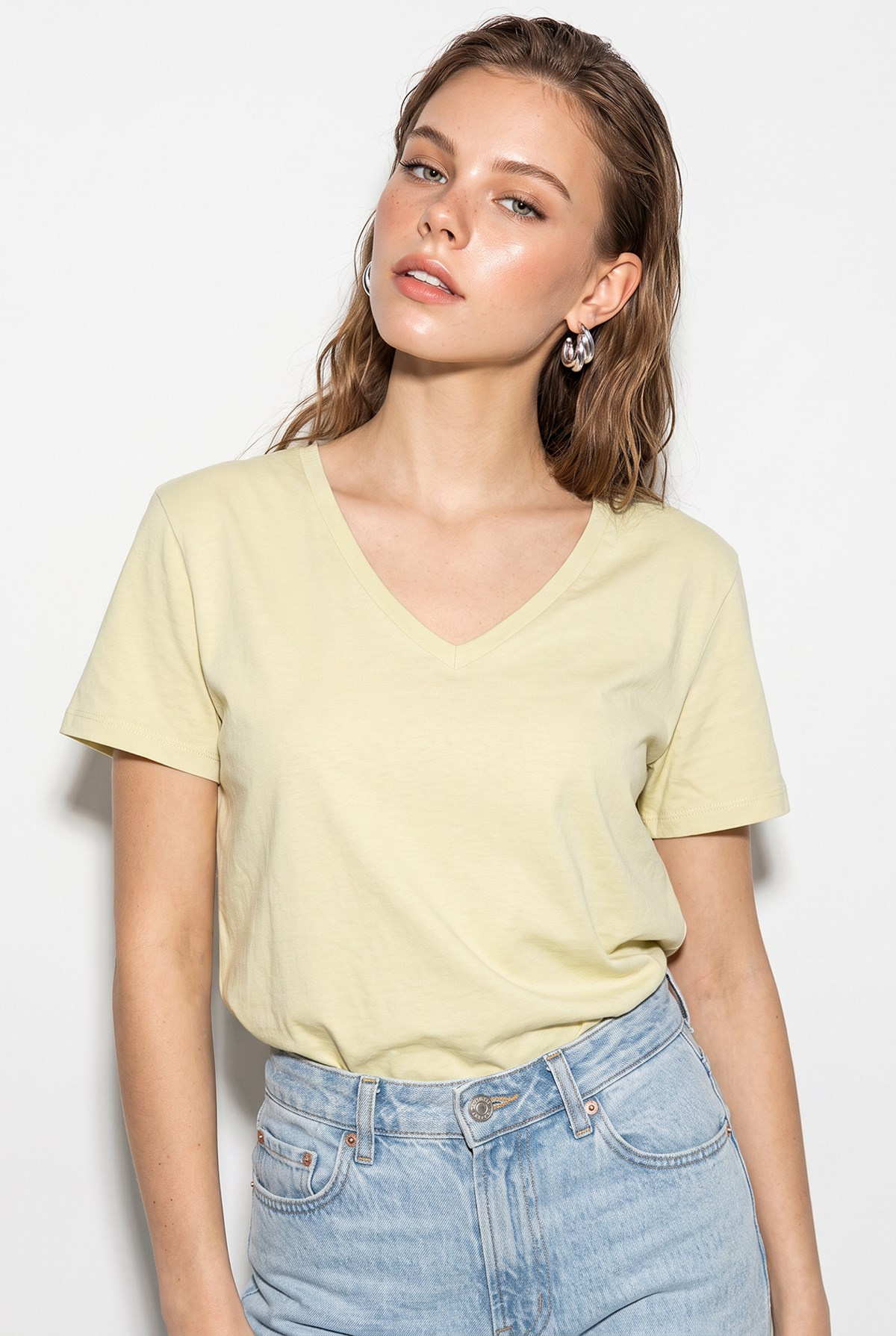 Kadın %100 Pamuk V Yaka Regular Fit T-Shirt 60382621 - Açık Sarı T-SHİRT modelleri