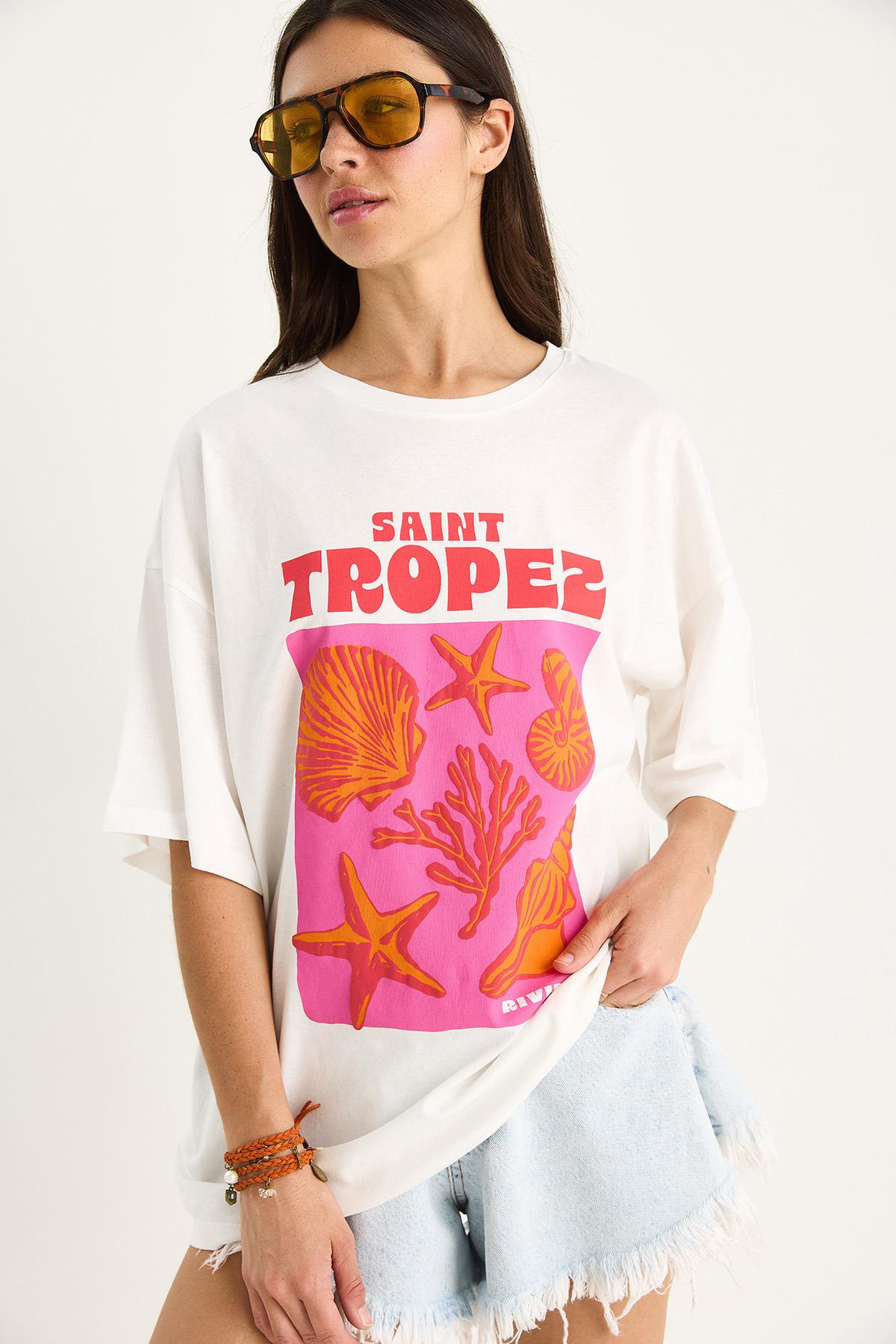 Kadın %100 Pamuklu Deniz Kabuğu Baskılı Oversize T-Shirt 6016 60283453 - Beyaz