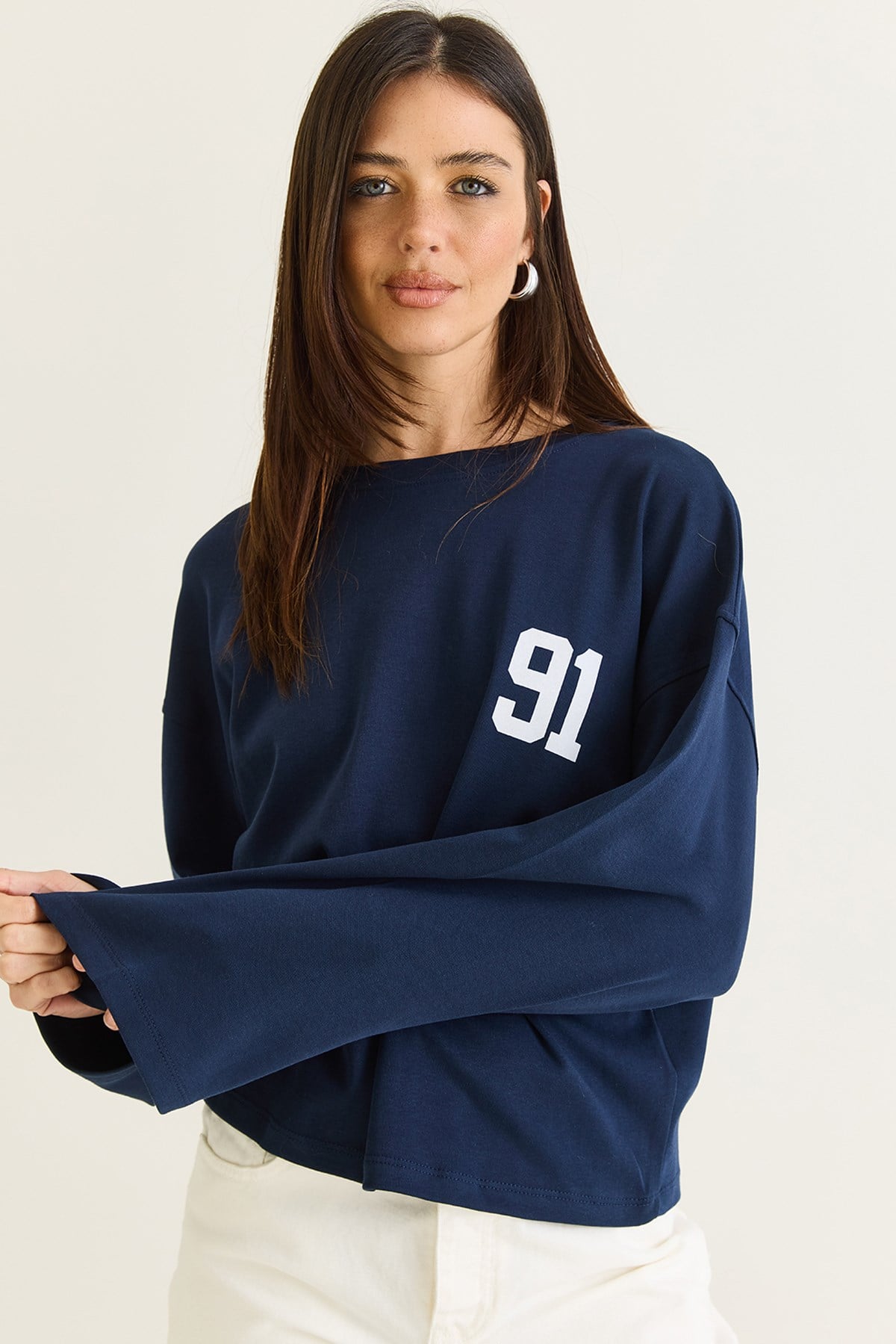 Kadın 91 Baskılı Oversize Uzun Kollu Modal T-Shirt 12470 60286559 - Lacivert T-SHİRT modelleri