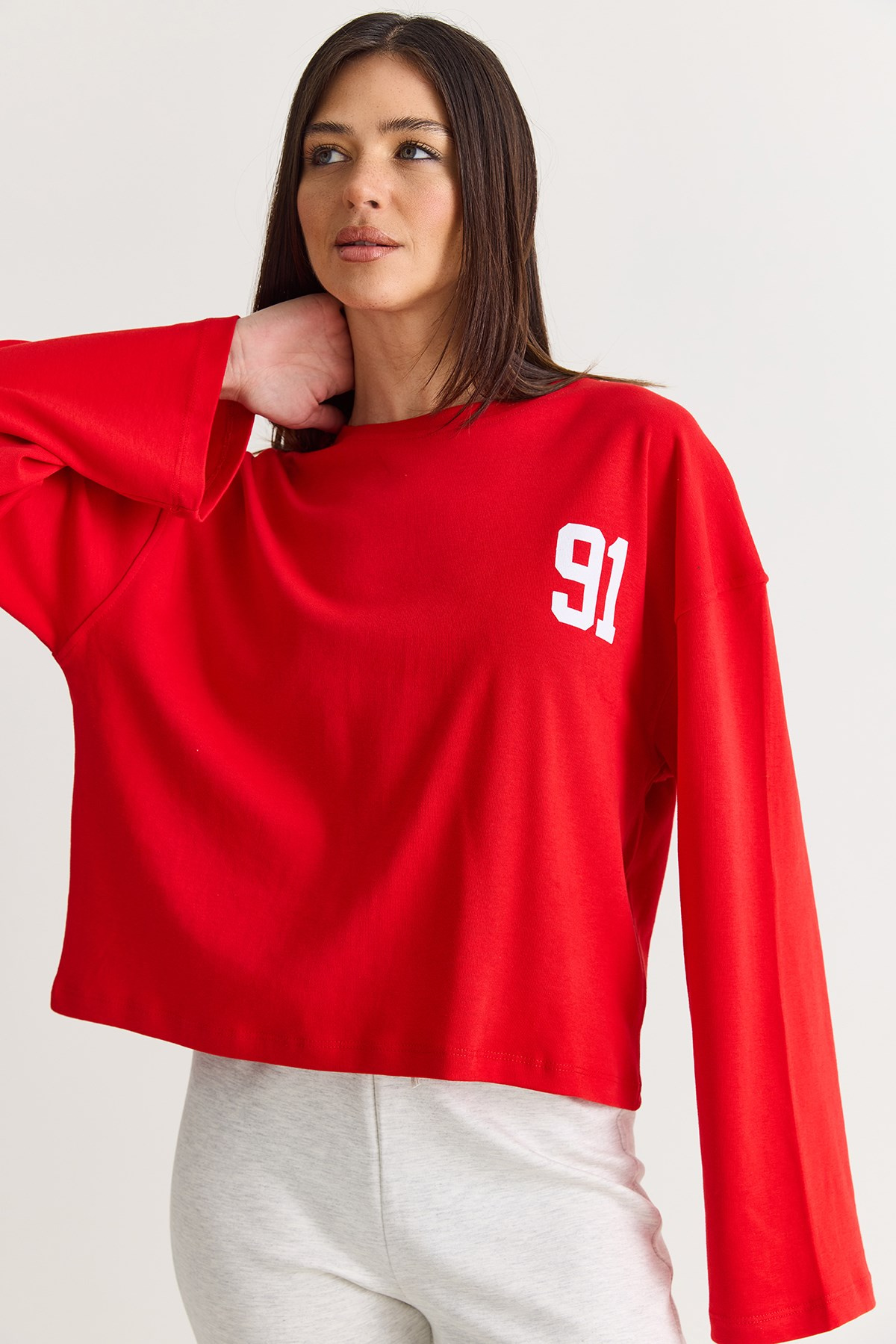 Kadın 91 Baskılı Oversize Uzun Kollu Modal T-Shirt 12470 60286559 - Kırmızı T-SHİRT modelleri
