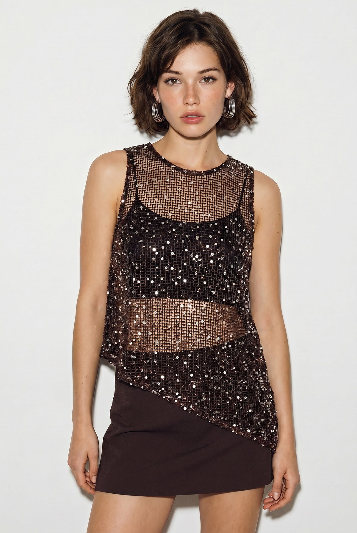 Kadın Asimetrik Kesim Pul Payet Detaylı File Bluz 4250 60286333 - Acı Kahve BLUZ modelleri