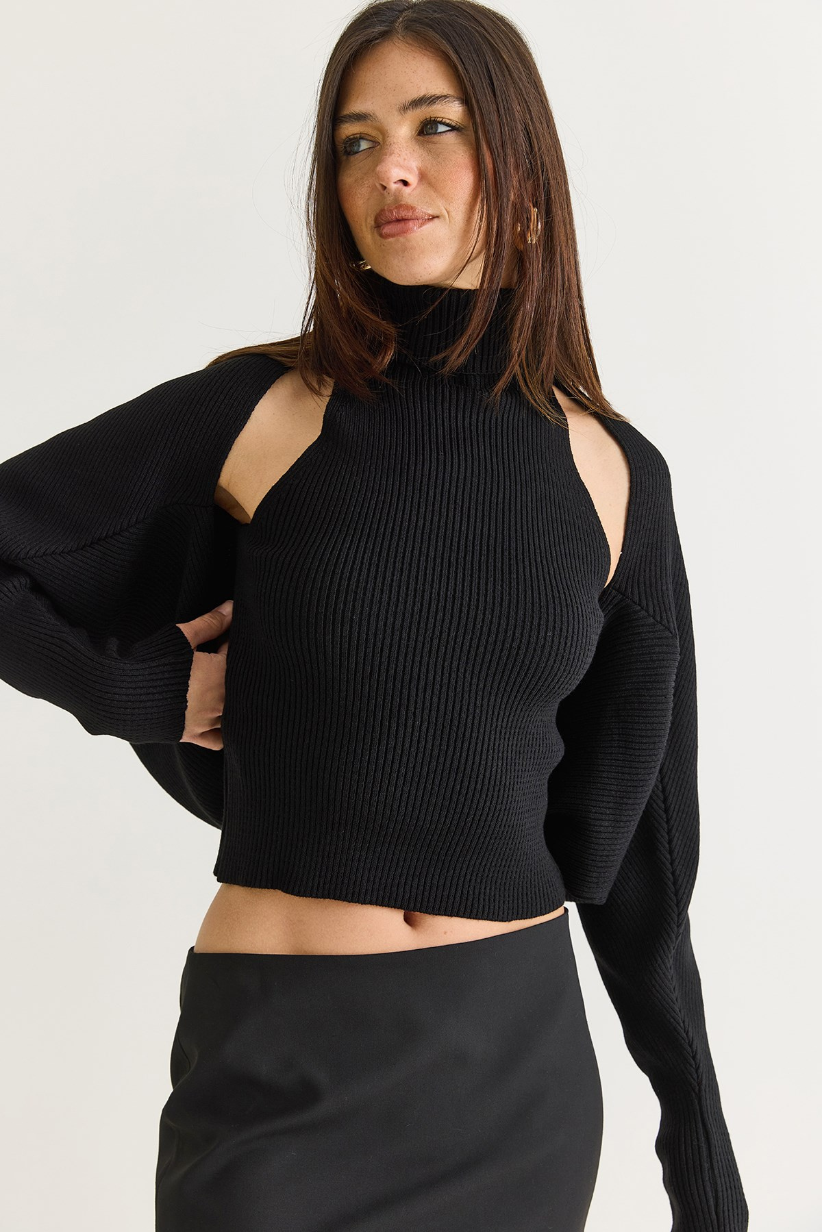Kadın Balıkçı Yaka Kolsuz Triko Bluz ve Bolero Takım TT261010 60286560 - Siyah ALT - ÜST TAKIM modelleri