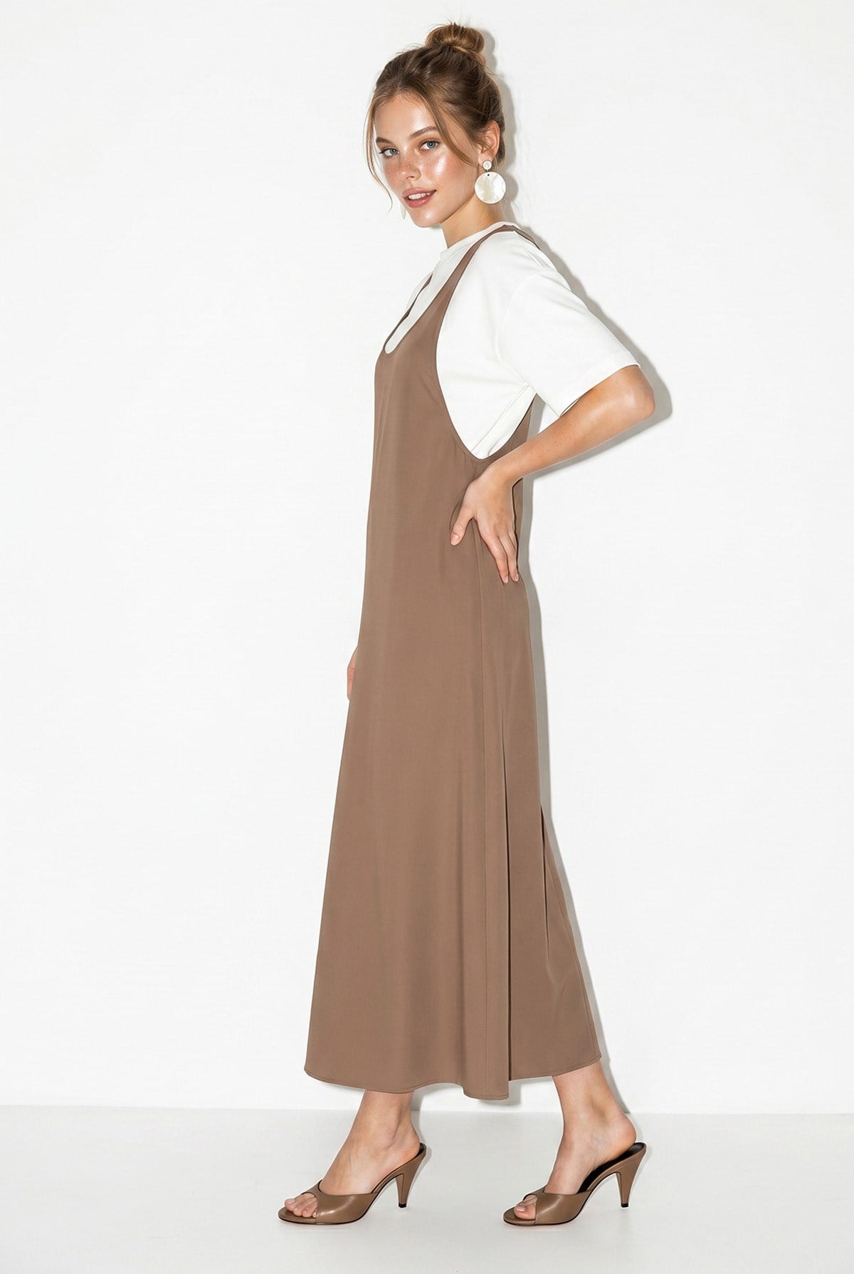Kadın Basic T-Shirt Detaylı Askılı A Kesim Maxi Elbise 3598 60286360 - Bej ELBİSE modelleri