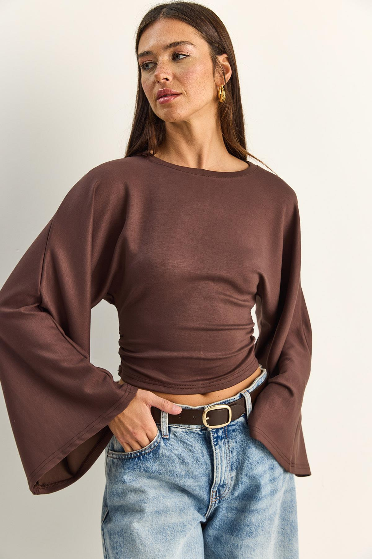 Kadın Belden Oturtmalı Drapeli Geniş Kol Crop Bluz 1093 60286119 - Kahverengi BLUZ modelleri