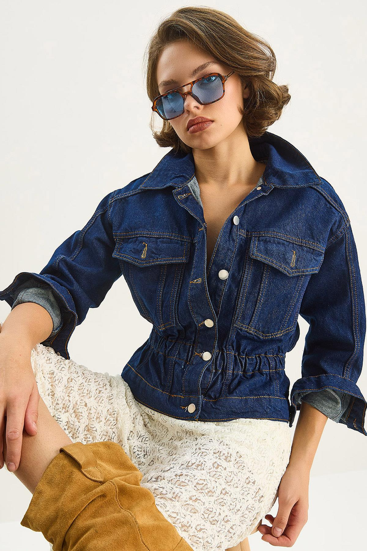 Kadın Beli Lastikli Denim Ceket 6090 60283610 - Lacivert CEKET modelleri