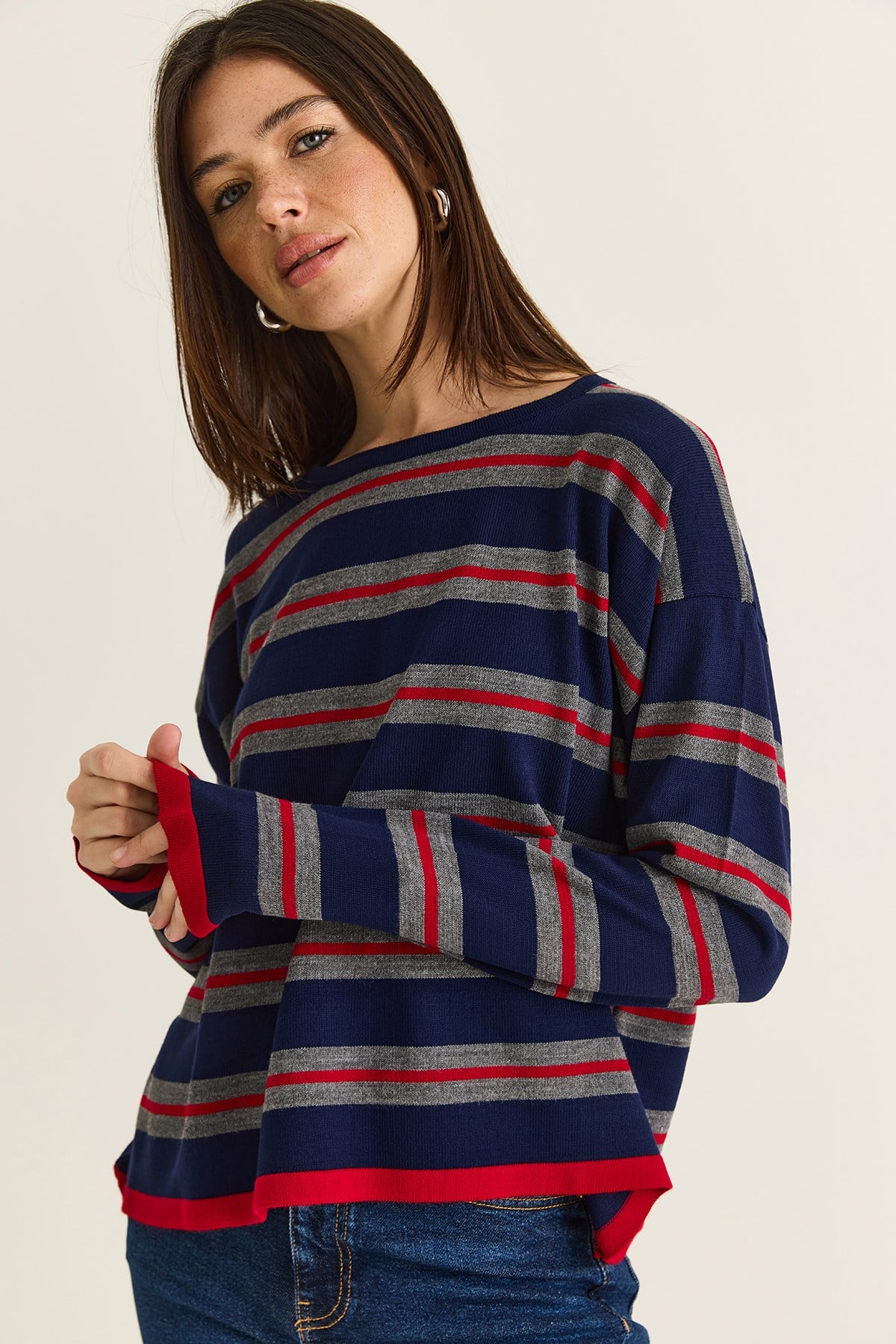 Kadın Bisiklet Yaka Çizgili Oversize İnce Triko Bluz 0543 60286536 - Lacivert-Kırmızı BLUZ modelleri