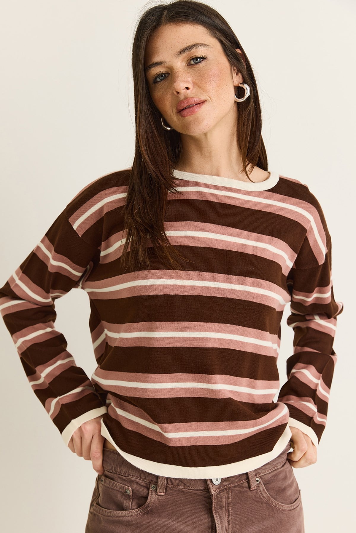 Kadın Bisiklet Yaka Çizgili Oversize İnce Triko Bluz 0543 60286536 - Kahverengi-Krem BLUZ modelleri