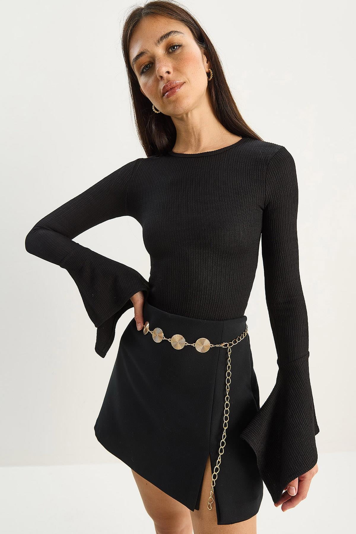 Kadın Bisiklet Yaka İspanyol Kol Likralı Basic Bluz 4103 60283784 - Siyah BLUZ modelleri