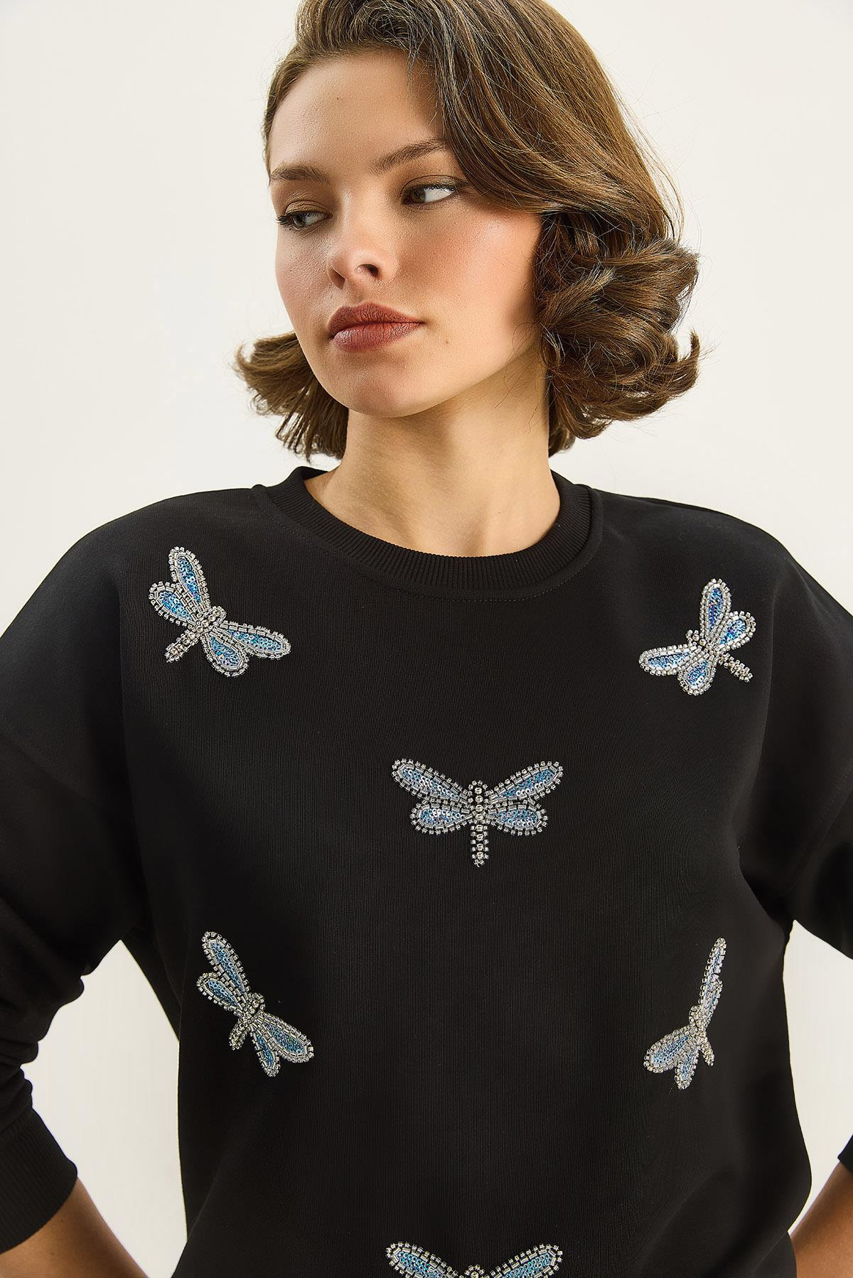 Kadın Bisiklet Yaka Kelebek Taş İşlemeli Relaxed Sweatshirt 1558 60283660 - Siyah SWEATSHİRT modelleri