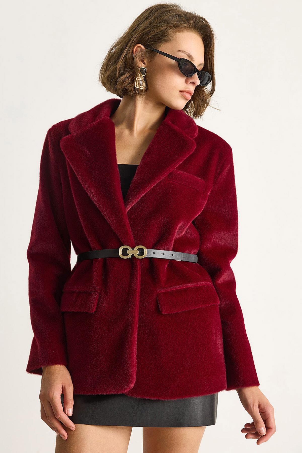 Kadın Cep Detaylı Astarlı Kemerli Peluş Dokulu Blazer Ceket 2761 60281110 - Bordo CEKET modelleri