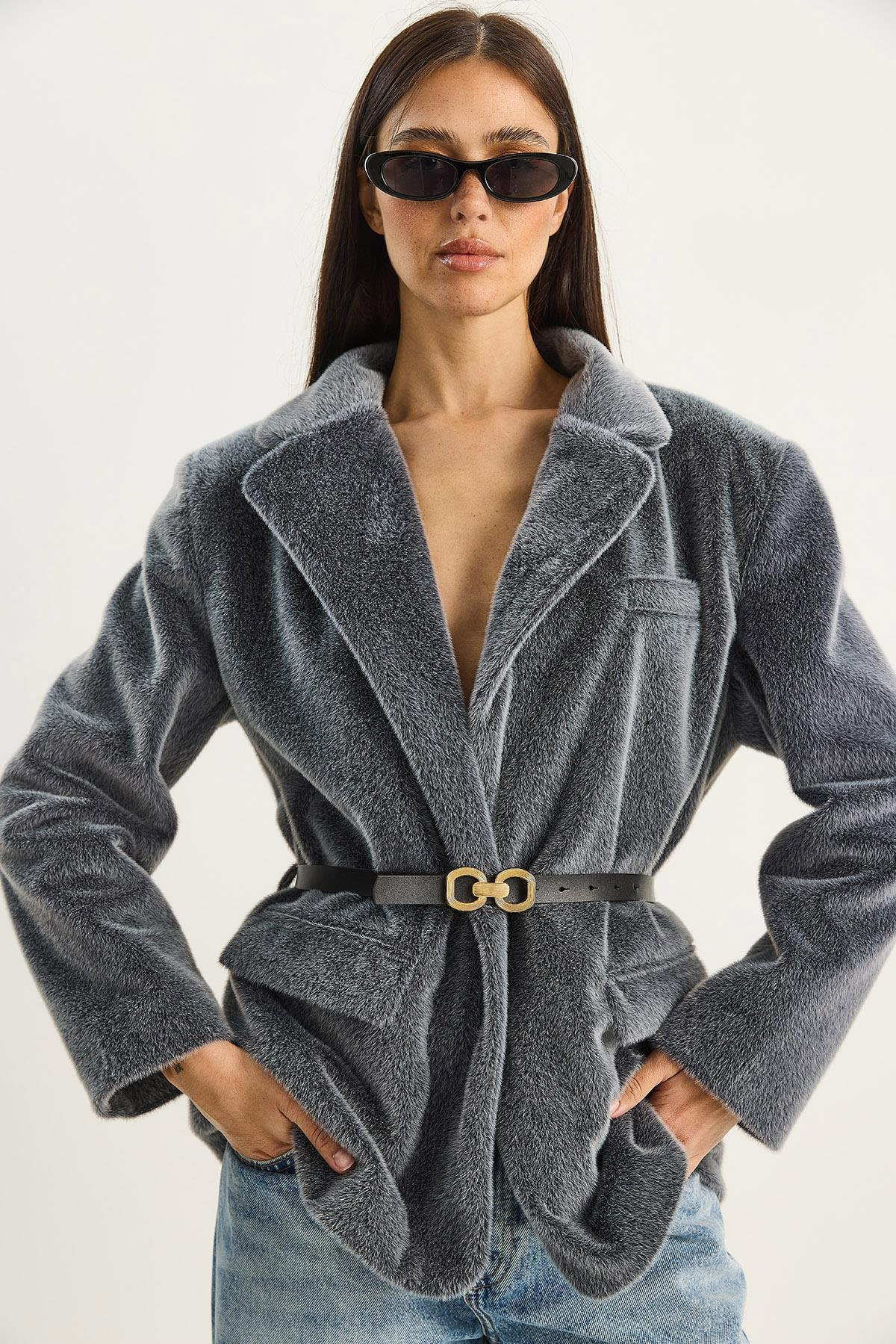 Kadın Cep Detaylı Astarlı Kemerli Peluş Dokulu Blazer Ceket 2761 60281110 - Füme CEKET modelleri