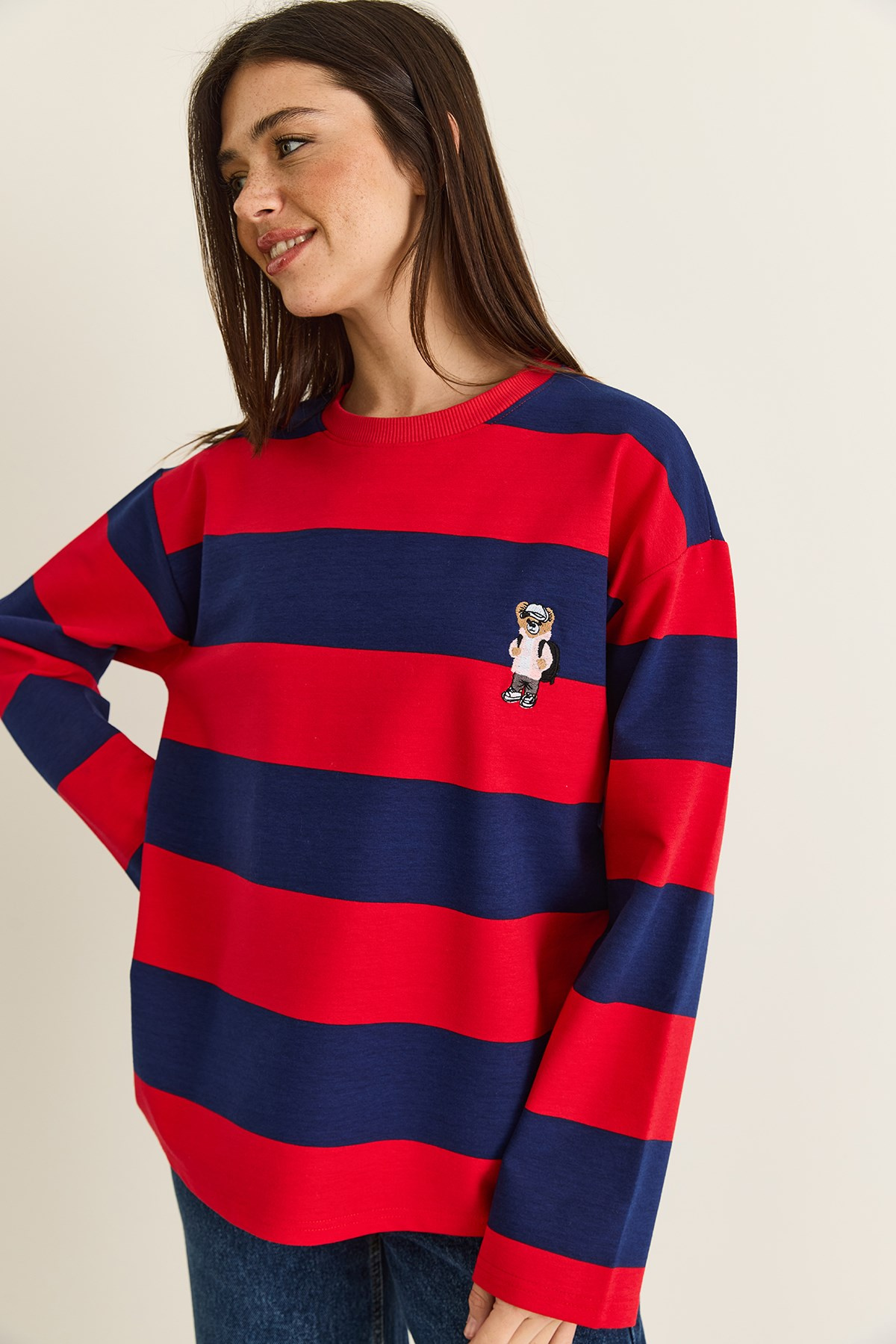 Kadın Çizgili Nakış Detaylı Oversize Sweatshirt 6206 60286534 - Kırmızı-Lacivert SWEATSHİRT modelleri