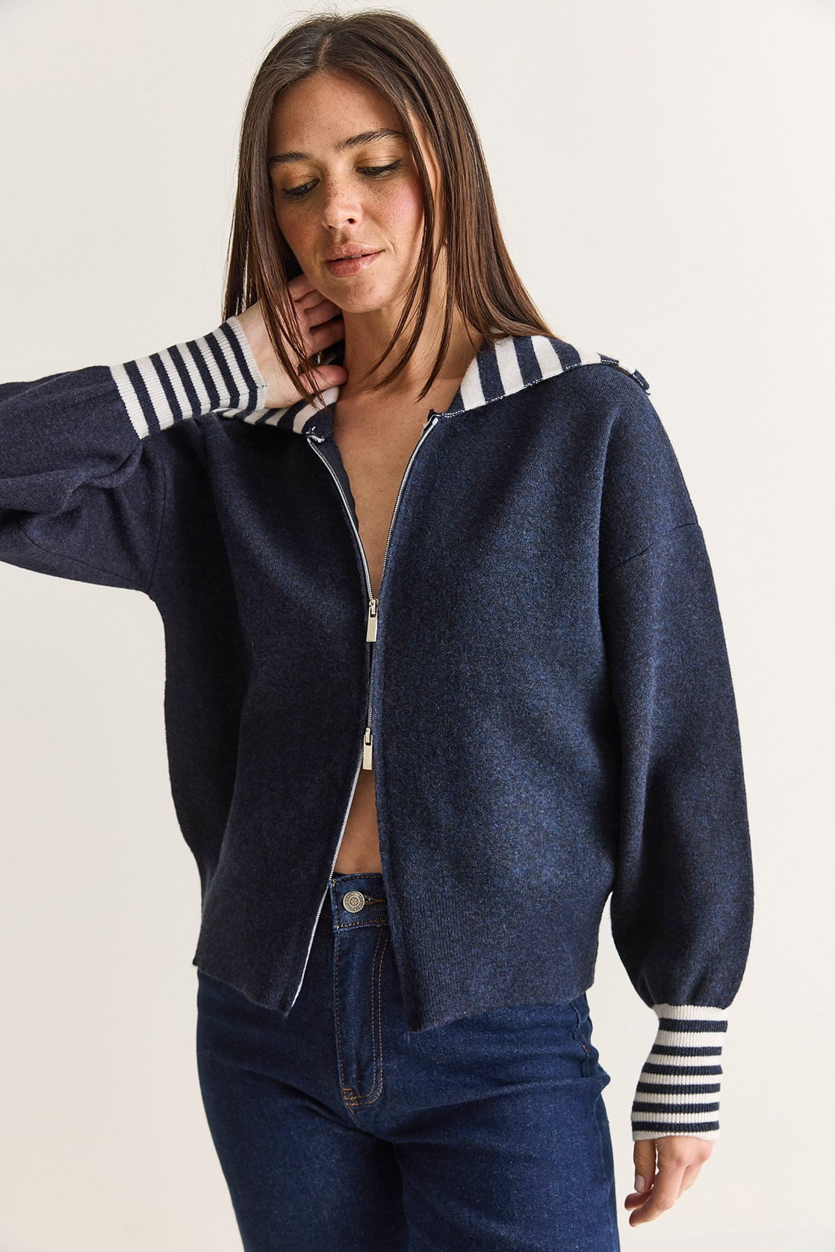 Kadın Çizgili Şal Yaka Çift Yönlü Fermuarlı Oversize Triko Hırka TH261088 60286728 - Lacivert HIRKA modelleri