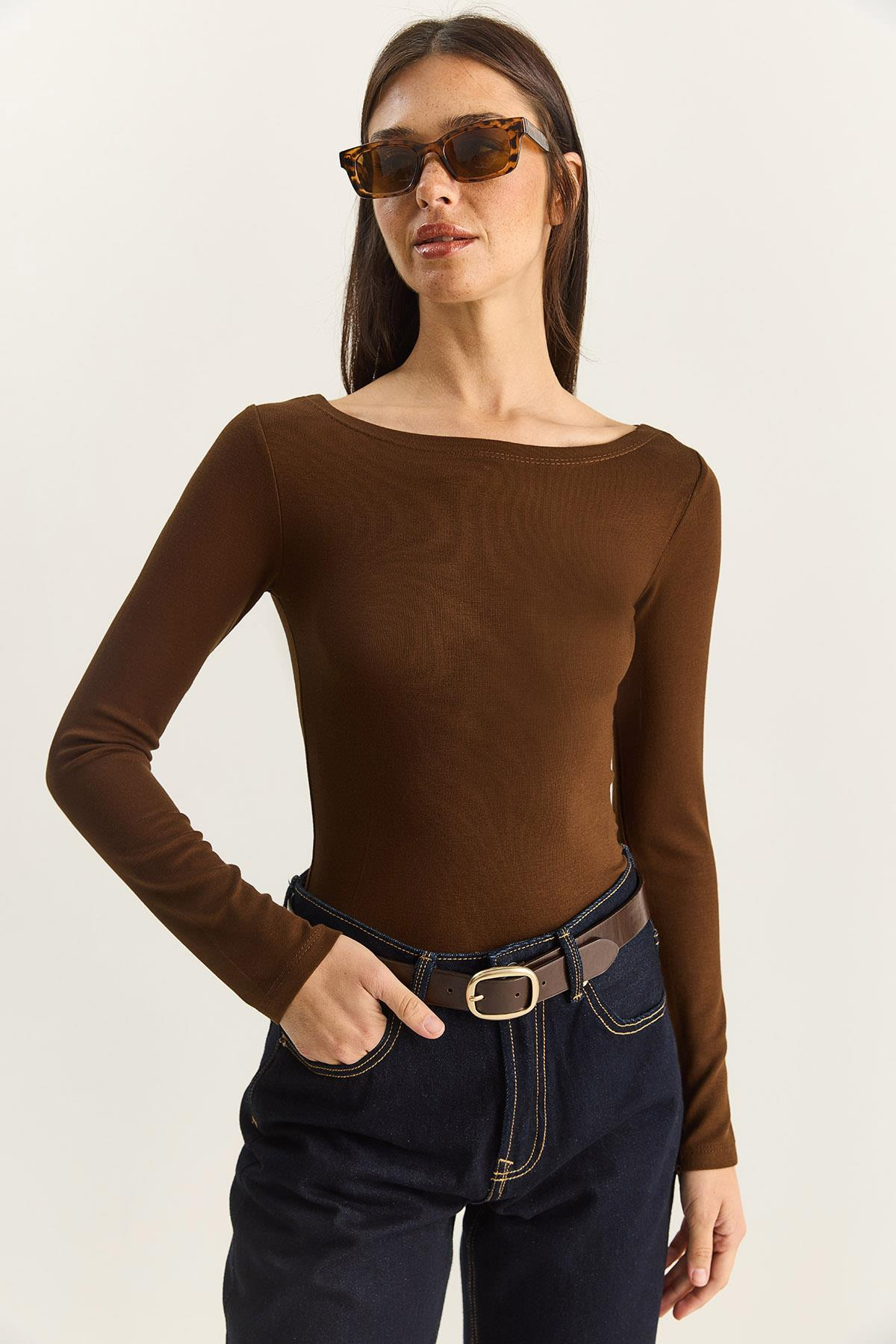 Kadın Cotton Kayık Yaka Bluz 6025 60283832 - Kahverengi BLUZ modelleri