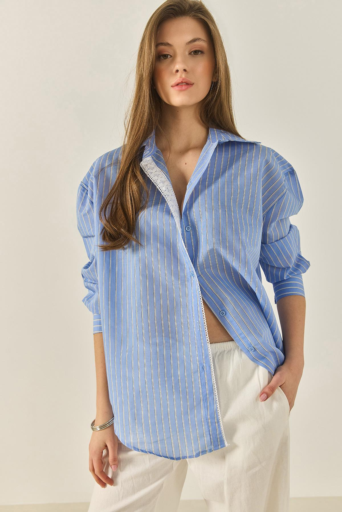 Kadın Dantel Detaylı Çizgili Oversize Modal Gömlek 4792  60281050 - Mavi