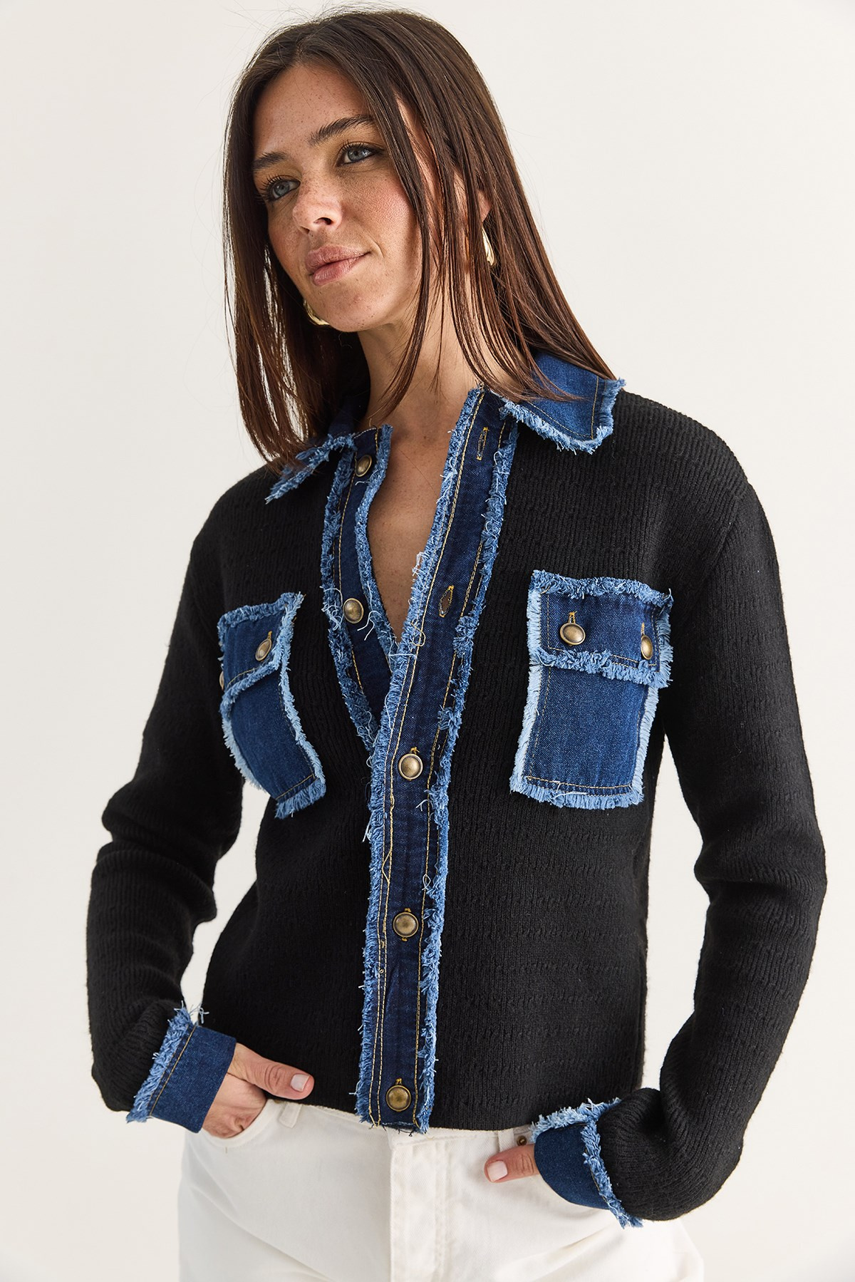 Kadın Denim Detaylı Cepli Düğmeli Polo Yaka Triko Hırka TH261095 60286724 - Siyah HIRKA modelleri