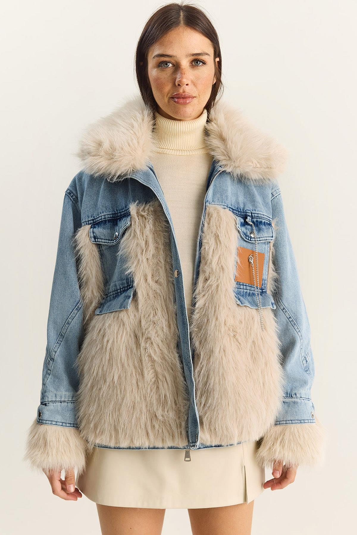 Kadın Denim Garnili Astarlı Suni Kürk Ceket 2726 60281134 - Mavi-Bej DIŞ GİYİM modelleri