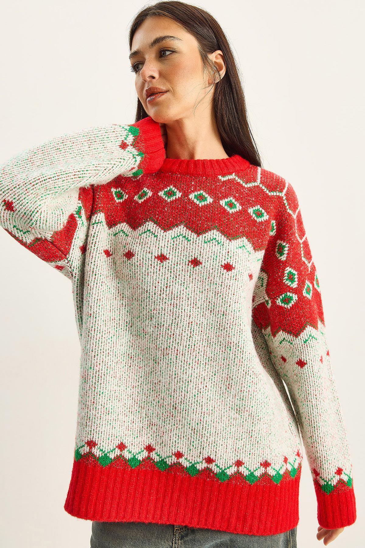 Kadın Desenli Oversize Triko Kazak TK251157 60283805 - Kırmızı-Ekru KAZAK modelleri