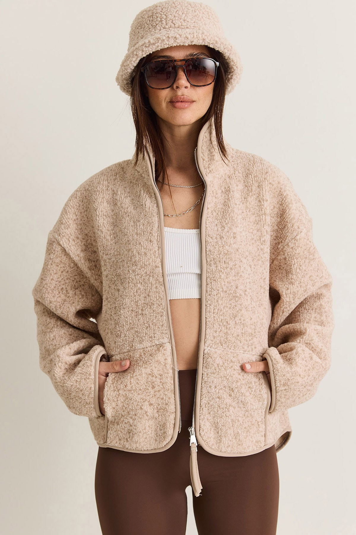 Kadın Dik Yaka Cep Detaylı Biyeli Çift Fermuarlı Oversize Teddy Polar Sweat 2970 60286656 - Bej SWEATSHİRT modelleri