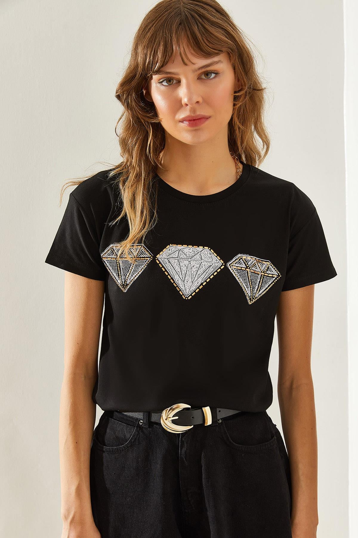 Kadın Elmas Desenli Taş Detaylı Basic Penye T-Shirt 60251237 - Siyah T-SHİRT modelleri