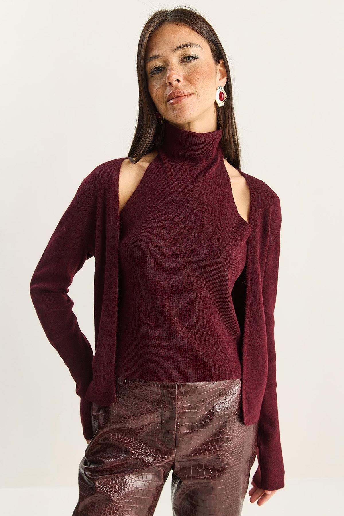 Kadın Halter Yaka İçten Bluz Detaylı Hırka TH251006 60283834 - Bordo BLUZ modelleri