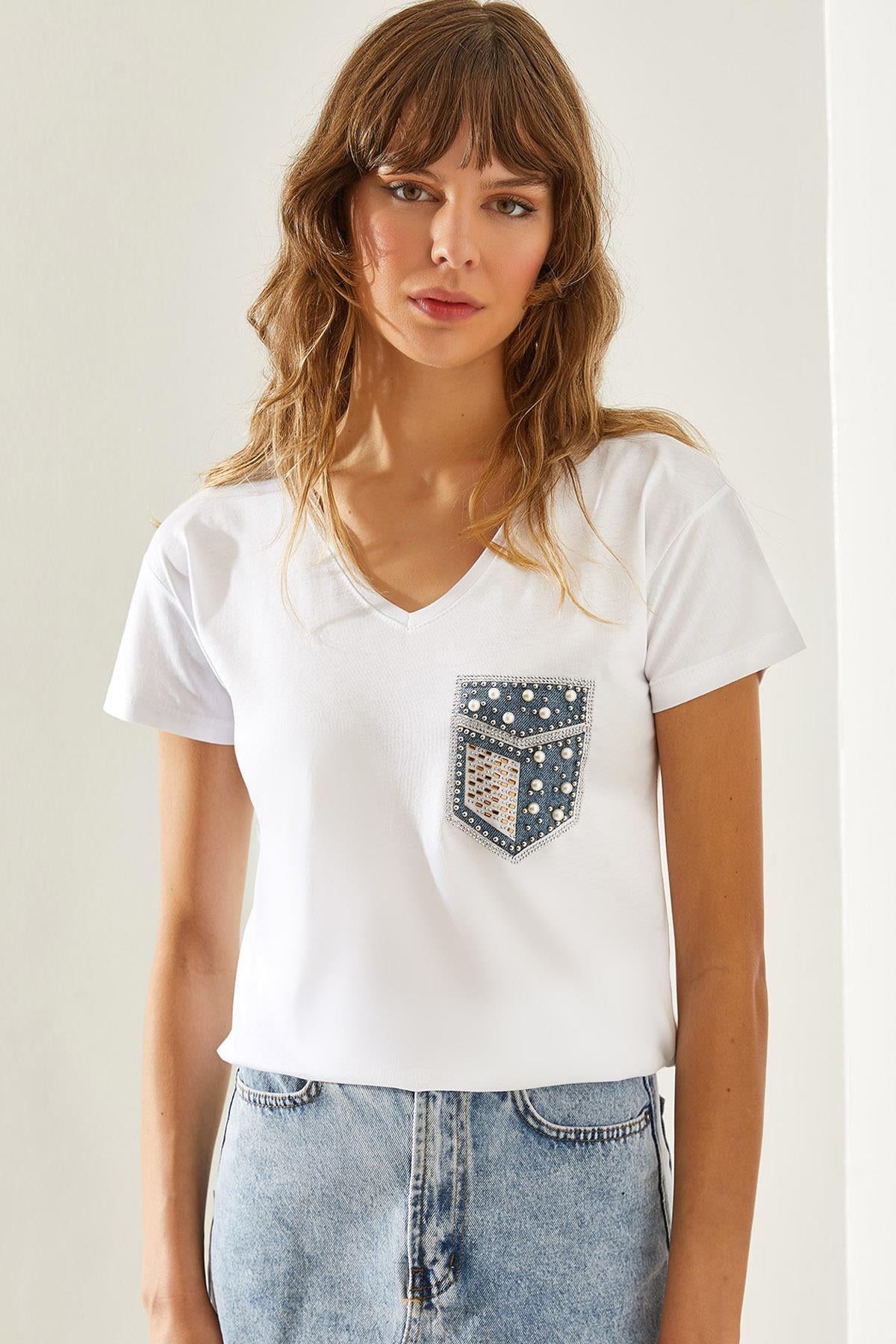 Kadın İncili Taş Çakmalı Kot Detaylı Penye T-Shirt 60251289 - Beyaz T-SHİRT modelleri