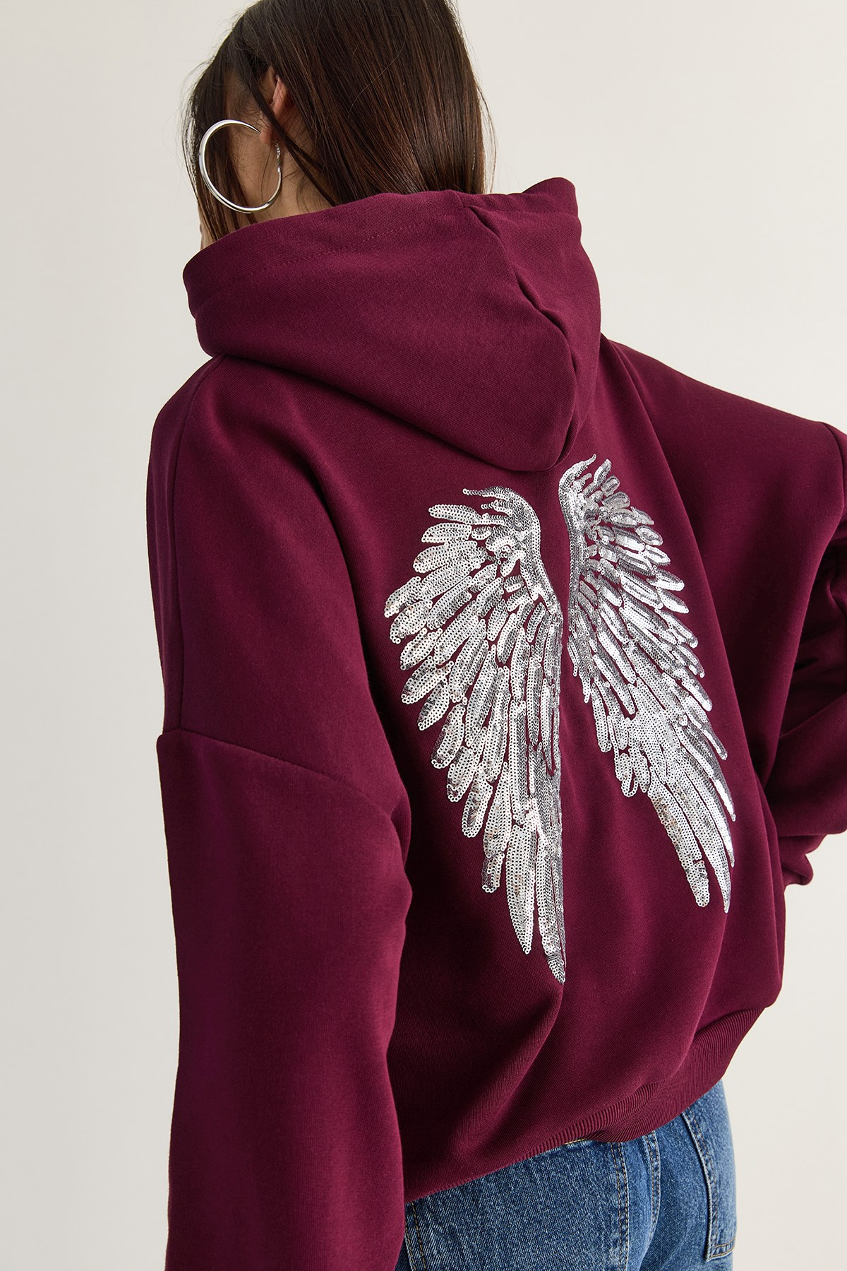 Kadın Kanat Detaylı Taş İşlemeli Kapüşonlu Kanguru Cepli Sweatshirt 4197 60286519 - Mürdüm SWEATSHİRT modelleri