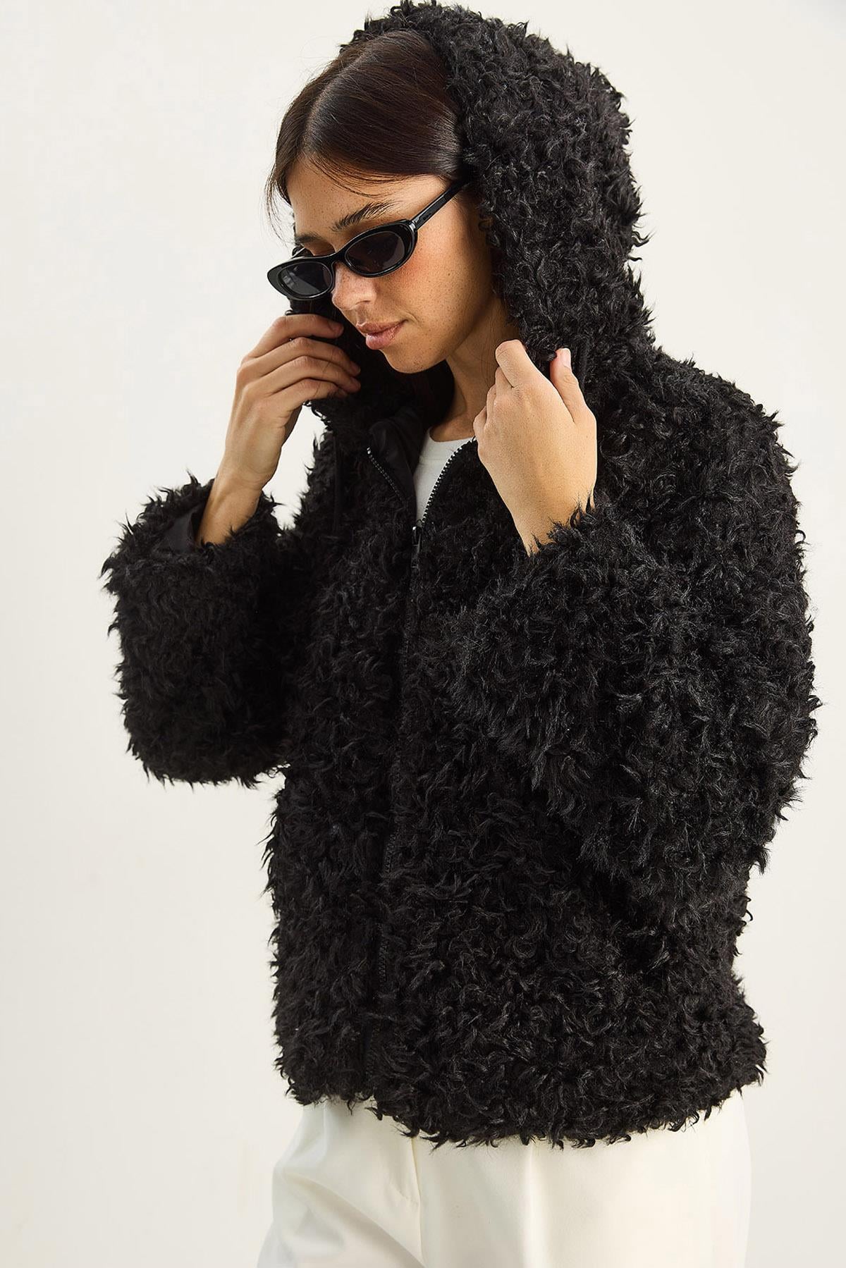 Kadın Kapüşonlu Astarlı Teddy Mont 2818 60281117 - Siyah DIŞ GİYİM modelleri