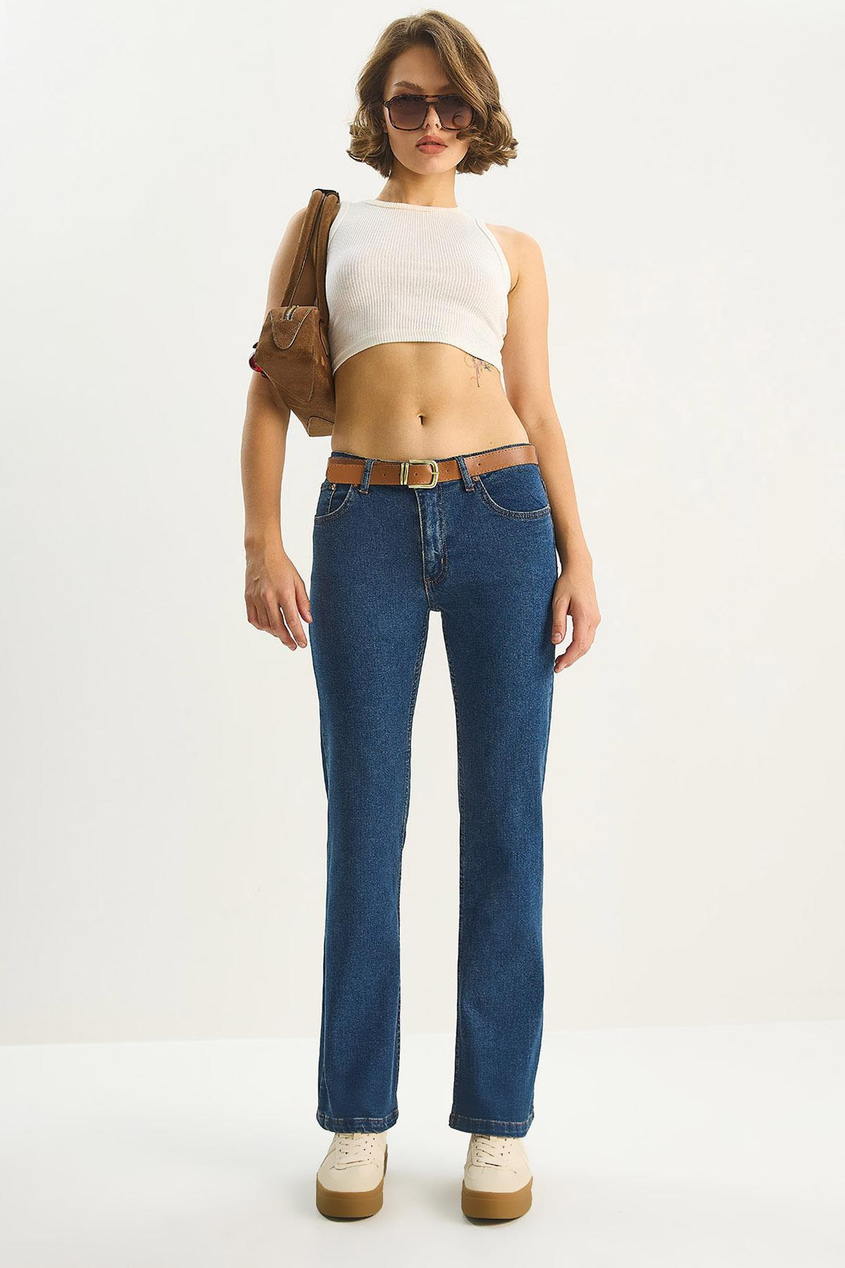 Kadın Kemer Detaylı Yarım İspanyol Paça Likralı Denim Pantolon 5296 60283612 - İndigo PANTOLON modelleri