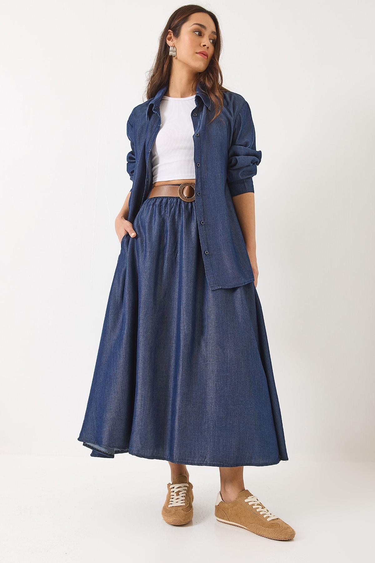 Kadın Kloş Cep Detaylı Kemerli Etek Oversize Uzun Gömlek Yazlık Denim Alt-Üst Takım 9308 60283142 - Lacivert