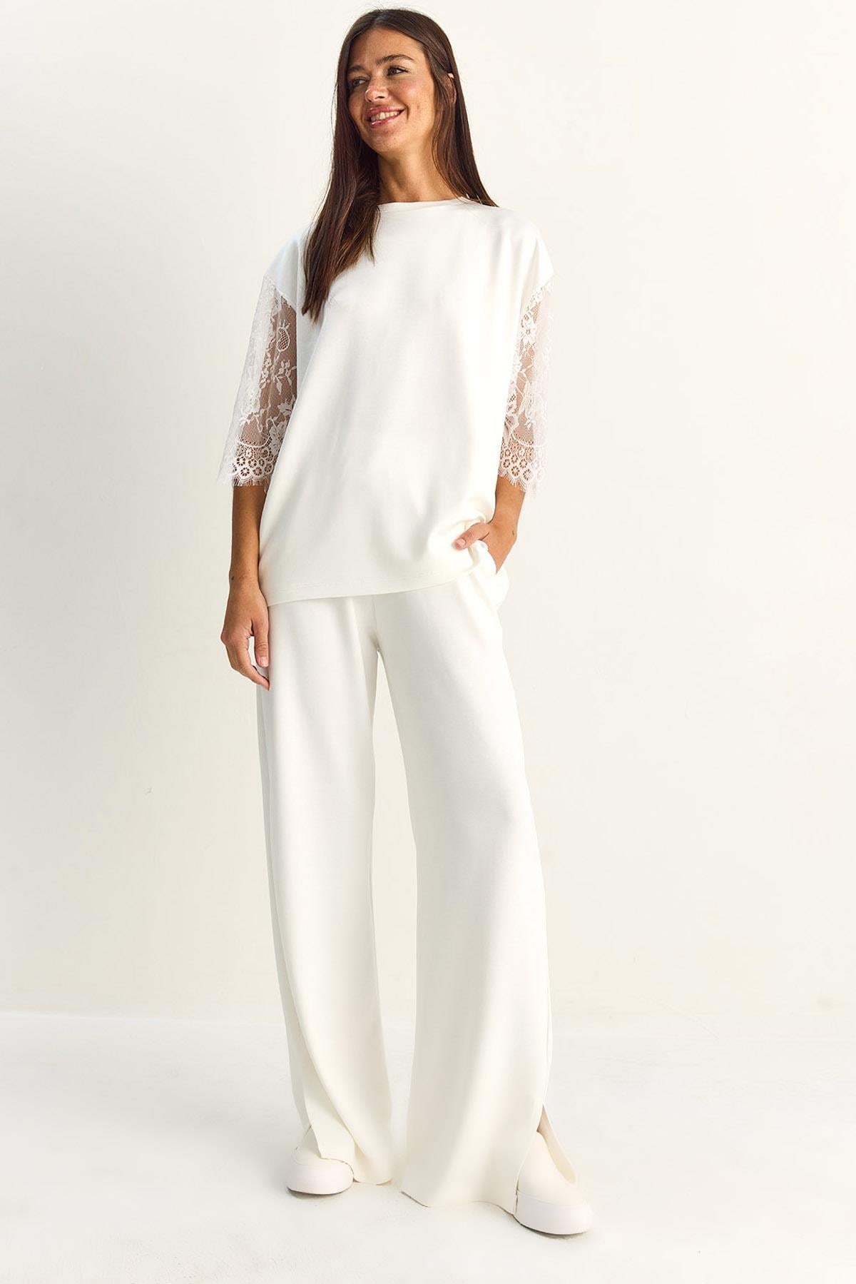 Kadın Kolları Dantelli Oversize Basic T-Shirt Beli Lastikli Bol Pantolon Alt-Üst Modal Takım 4115 60286085 - Beyaz ALT - ÜST TAKIM modelleri