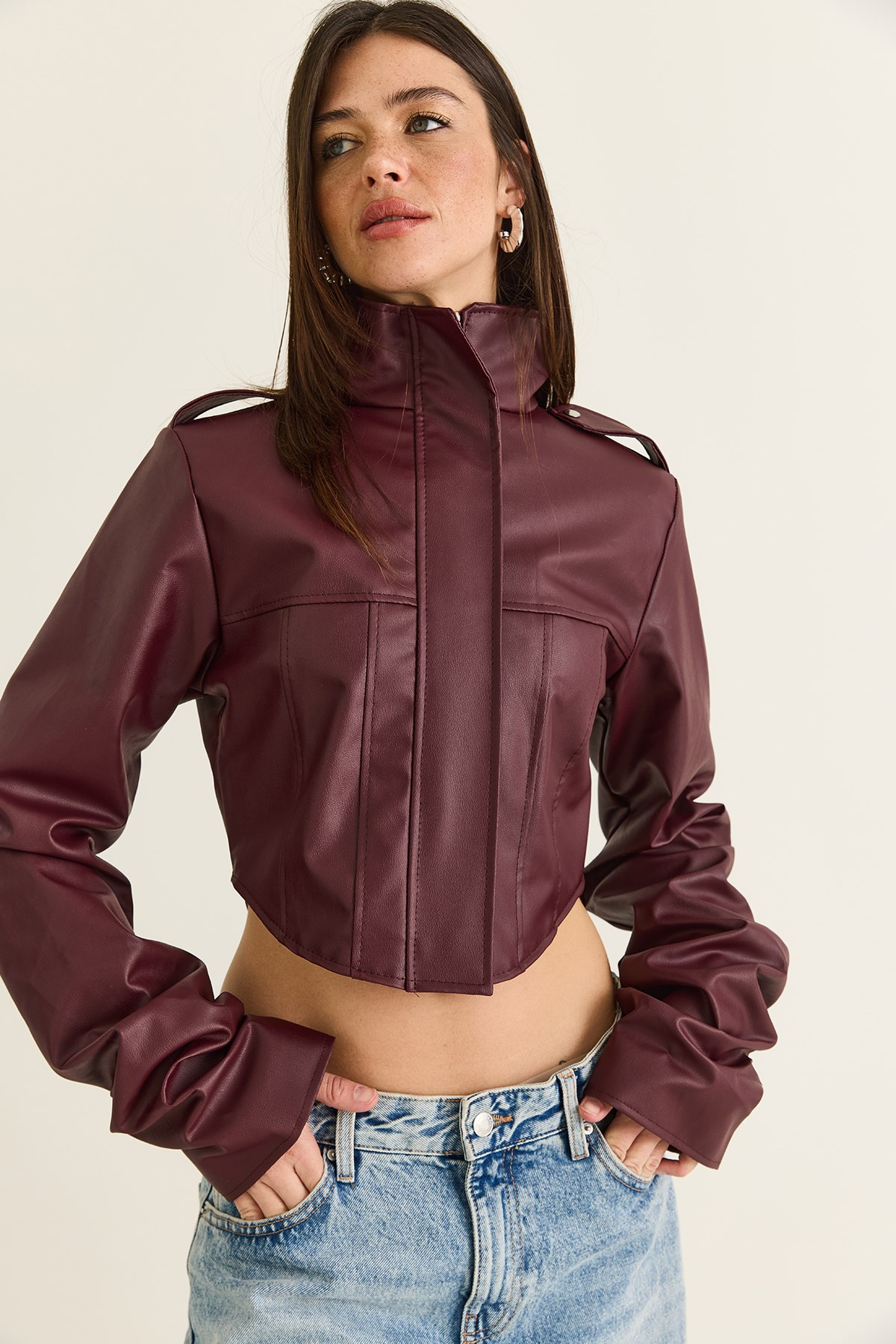 Kadın Korse Detaylı Drape Kollu Crop Suni Deri Ceket 8057 60286527 - Bordo CEKET modelleri