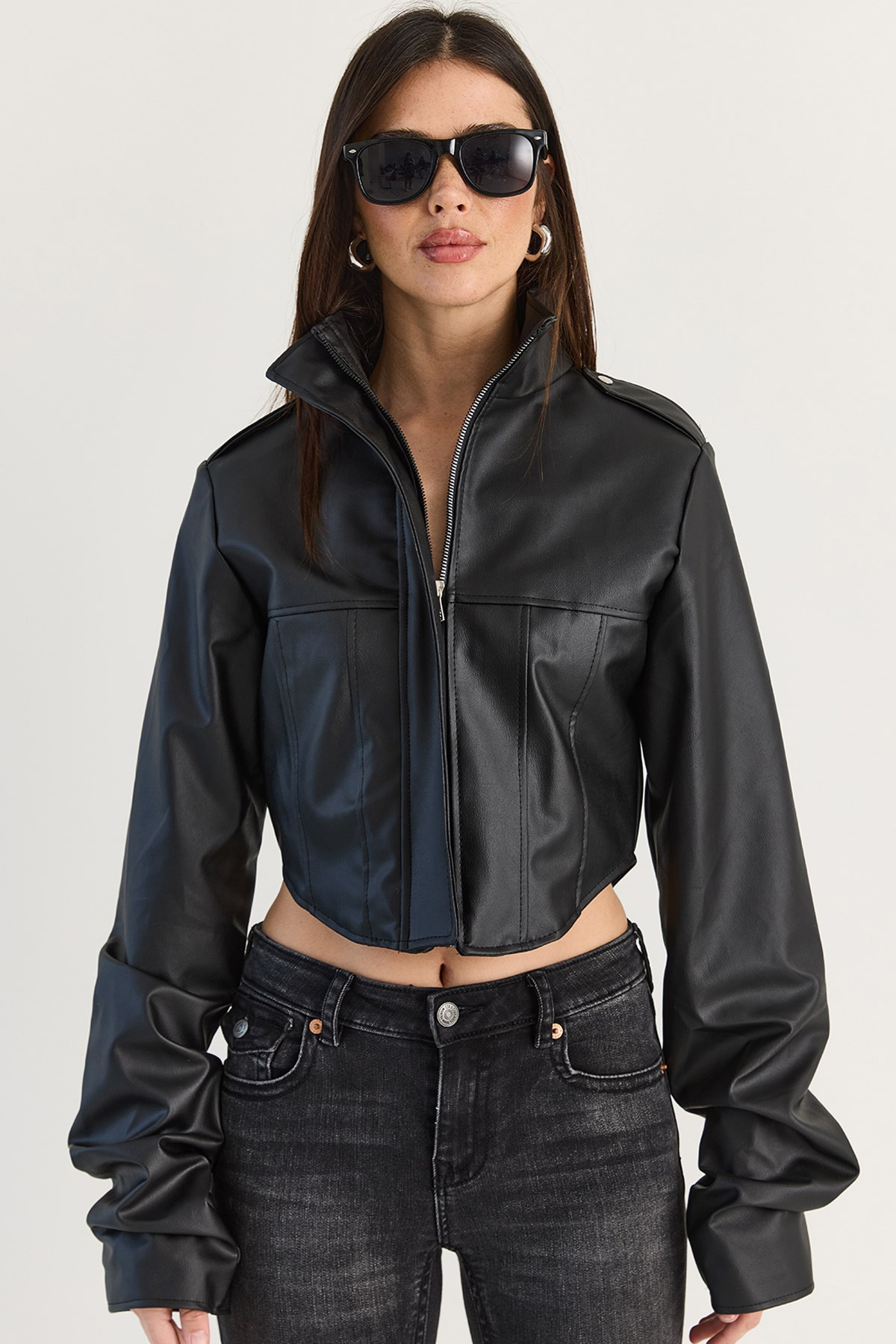 Kadın Korse Detaylı Drape Kollu Crop Suni Deri Ceket 8057 60286527 - Siyah CEKET modelleri