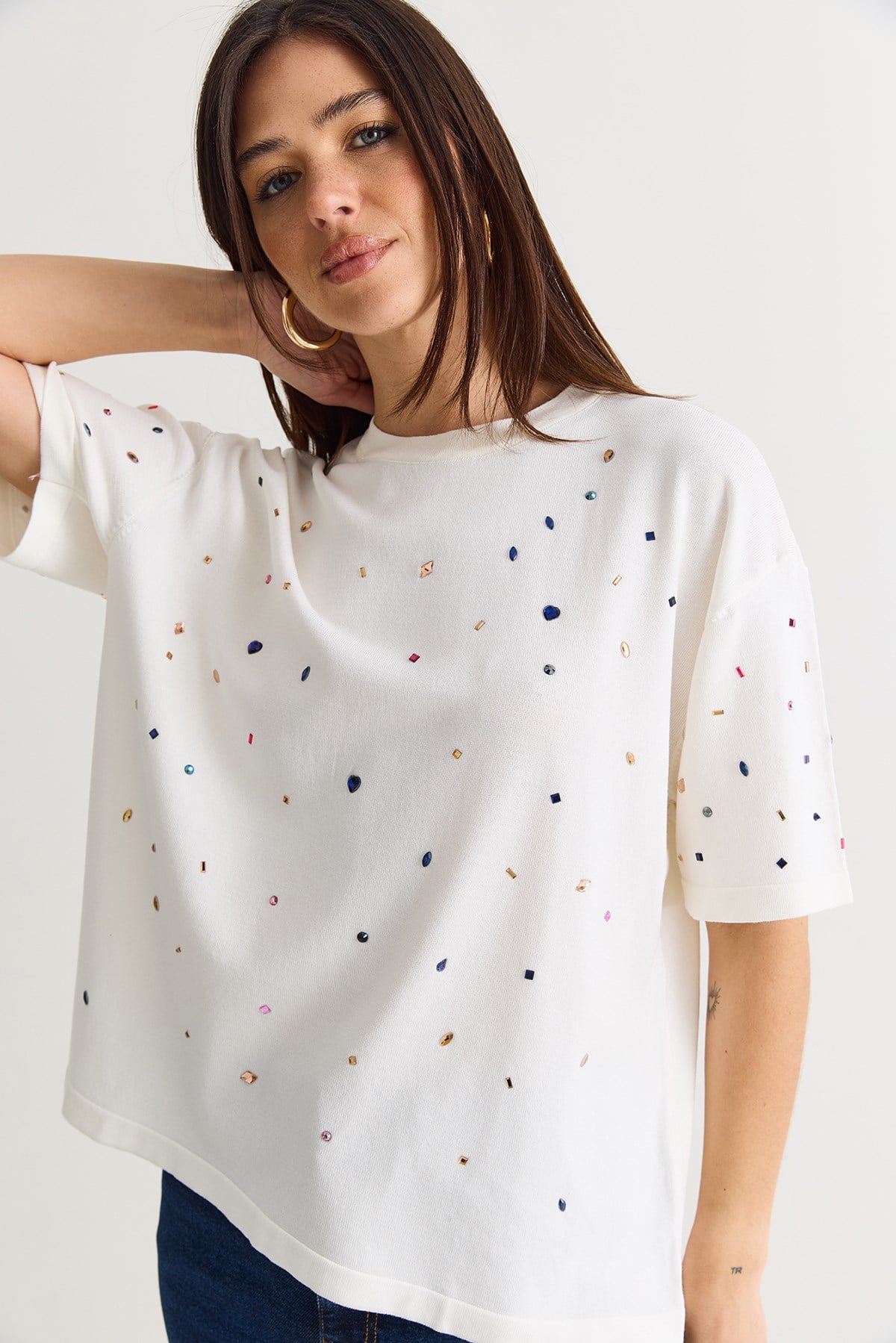 Kadın Kristal Taş Baskılı Oversize Merserize Kısa Kollu Bluz 2905 60286568 - Ekru BLUZ modelleri