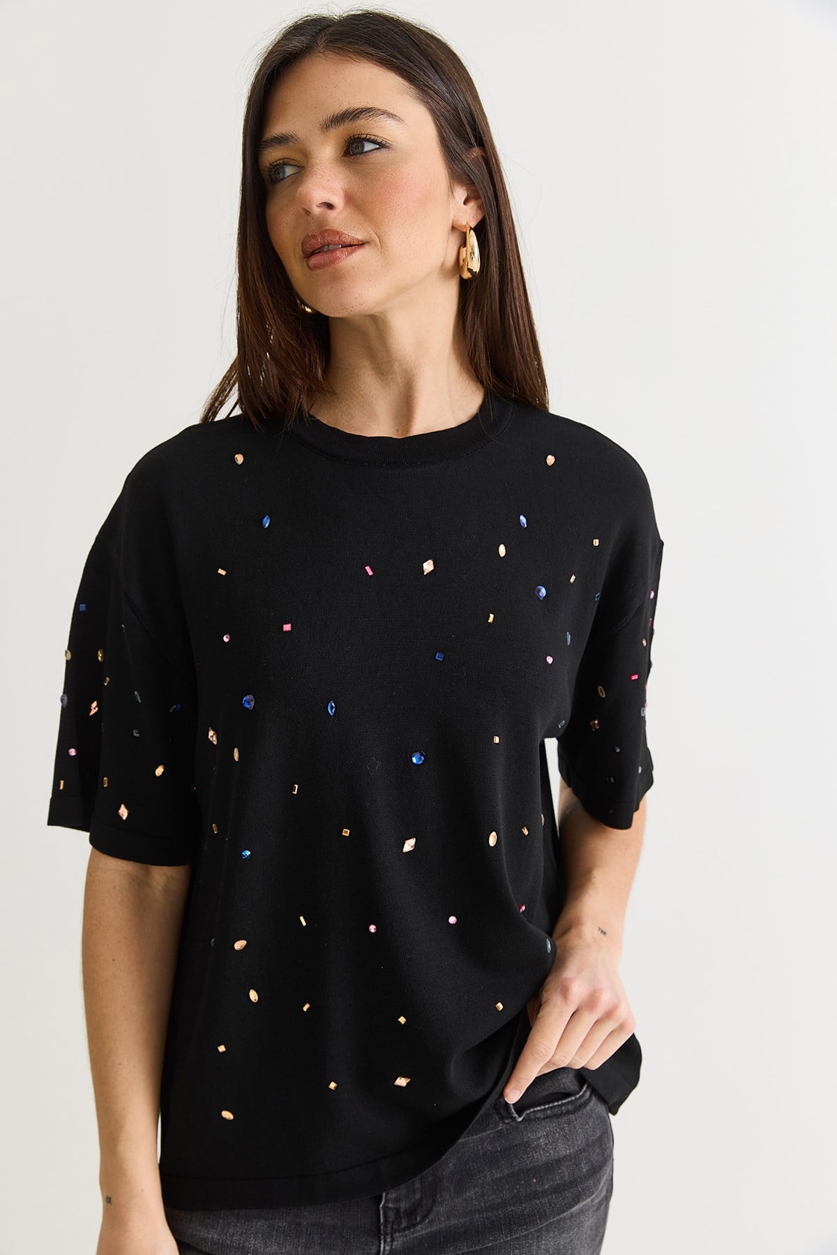 Kadın Kristal Taş Baskılı Oversize Merserize Kısa Kollu Bluz 2905 60286568 - Siyah BLUZ modelleri