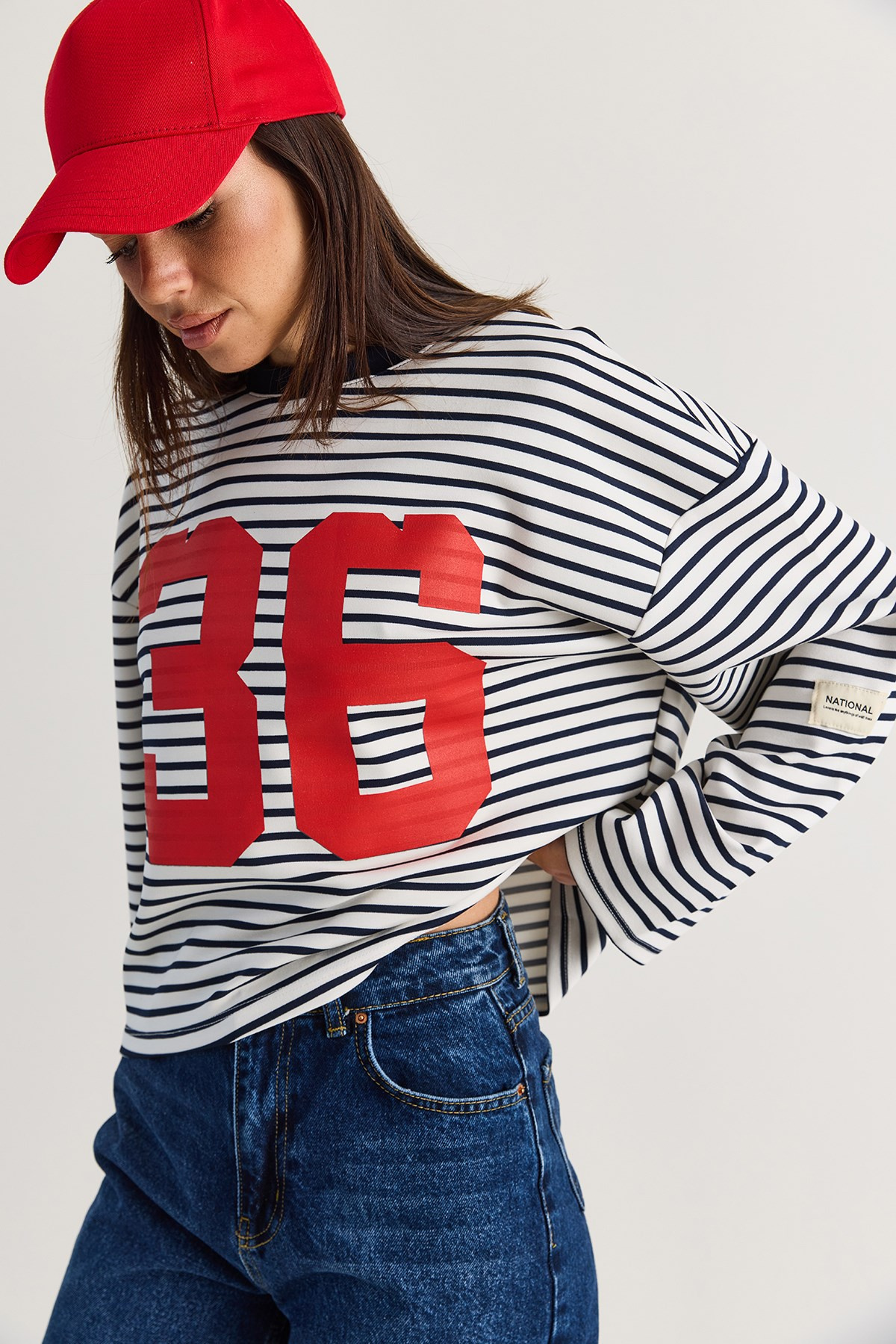 Kadın Oversize Çizgili 36 Baskılı Uzun Kollu T-Shirt 12680 60286585 - Ekru-Lacivert T-SHİRT modelleri
