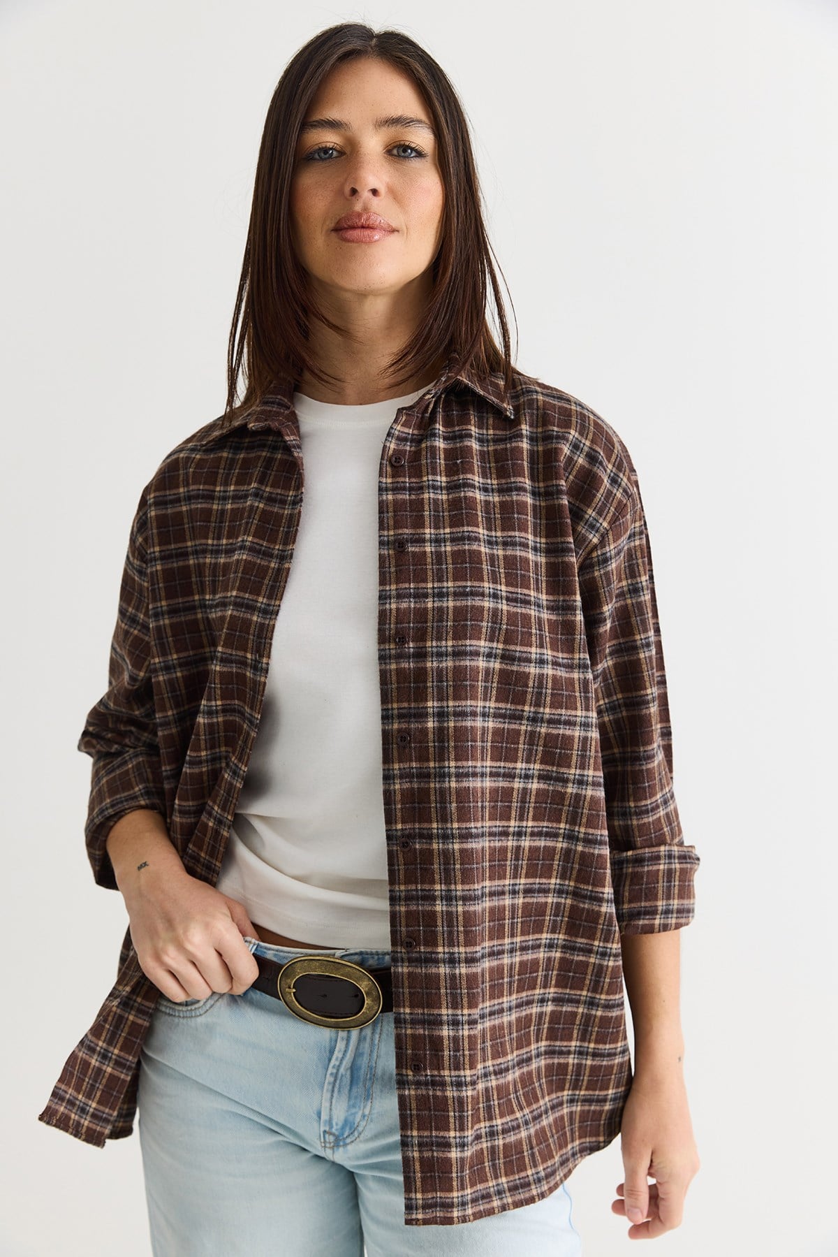 Kadın Oversize Ekose Desenli Oduncu Gömlek DG261035 60286552 - Kahverengi-Vizon GÖMLEK modelleri