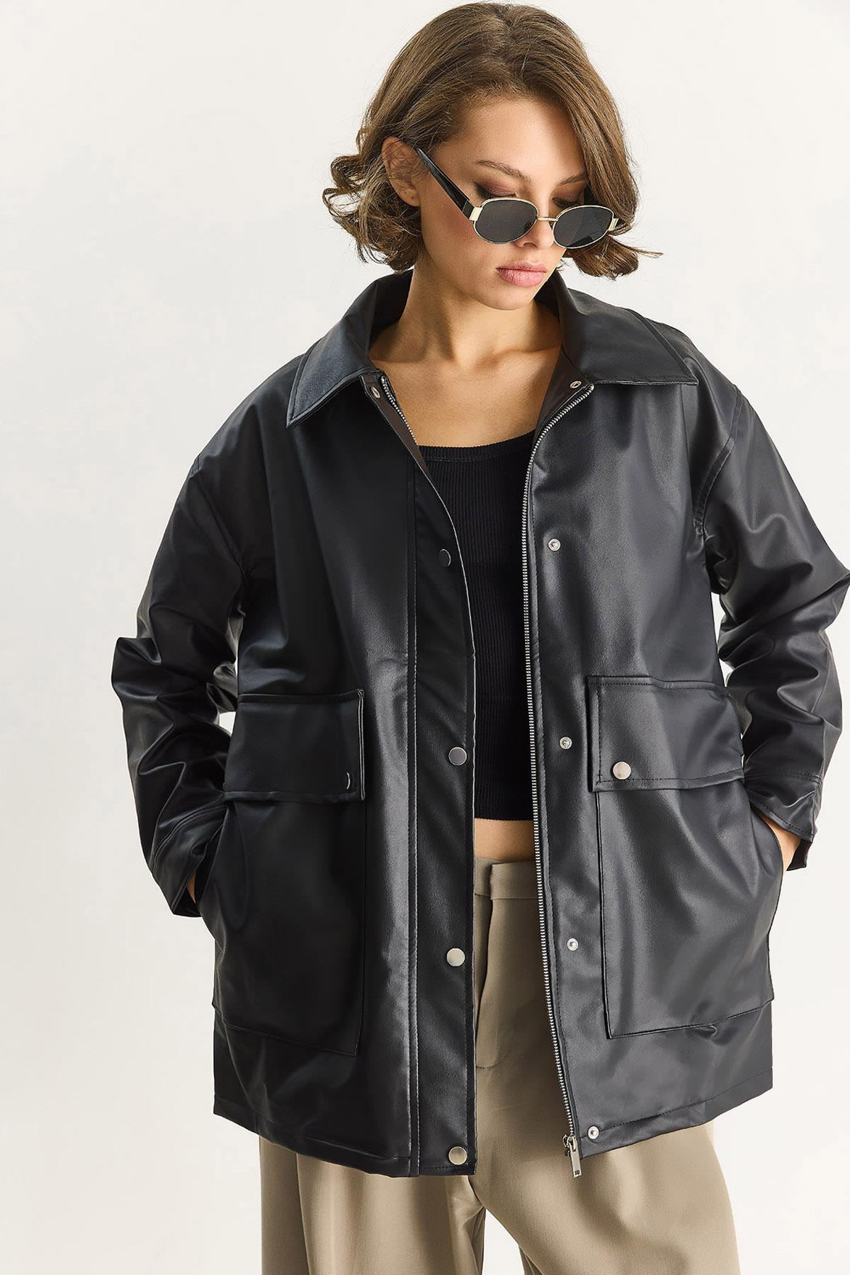 Kadın Oversize Fermuarlı Büyük Cep Detaylıb Astarlı Suni Deri Ceket 3130 60283559 - Siyah CEKET modelleri