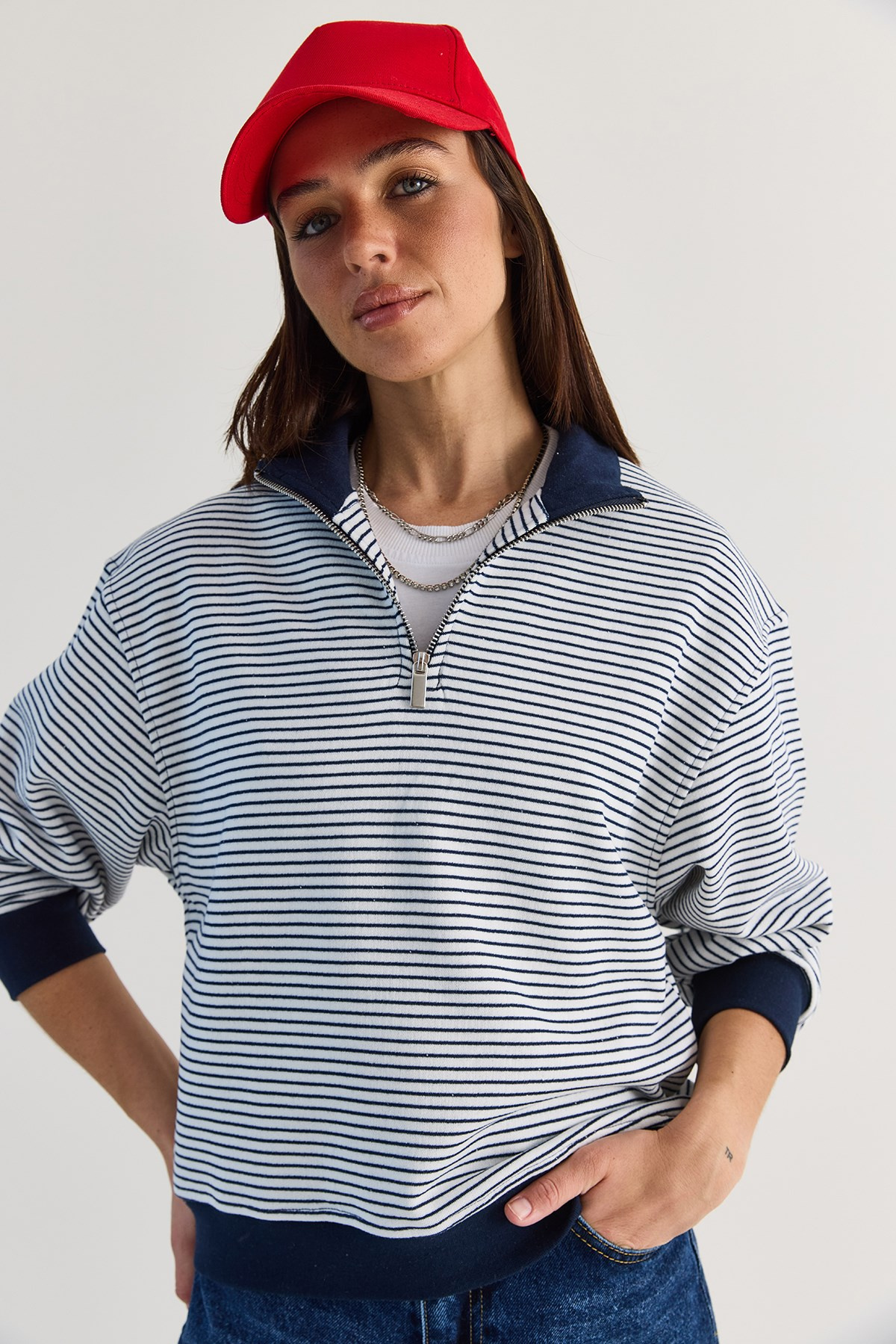 Kadın Oversize Polo Yaka Yarım Fermuarlı Çizgili Sweatshirt ÖS261005 60286586 - Lacivert SWEATSHİRT modelleri