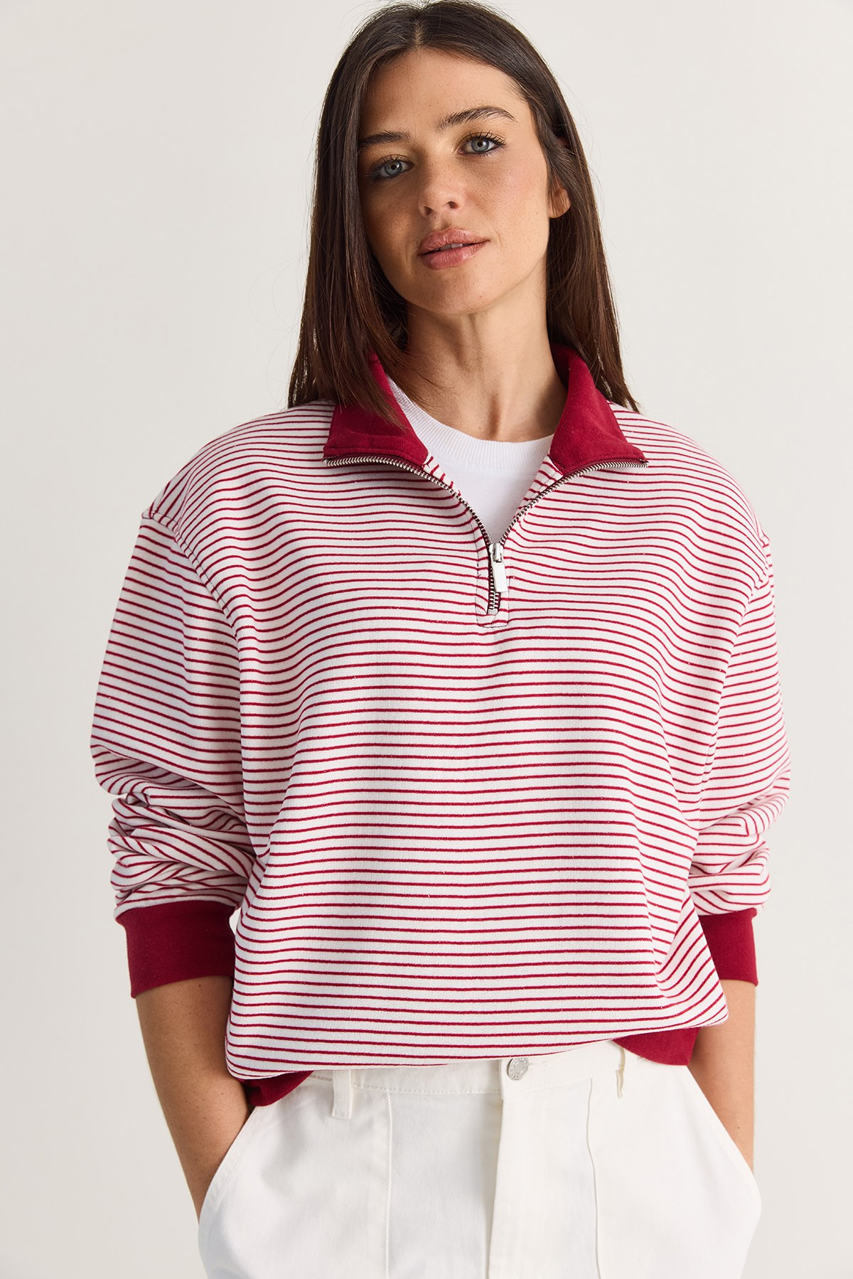 Kadın Oversize Polo Yaka Yarım Fermuarlı Çizgili Sweatshirt ÖS261005 60286586 - Bordo SWEATSHİRT modelleri