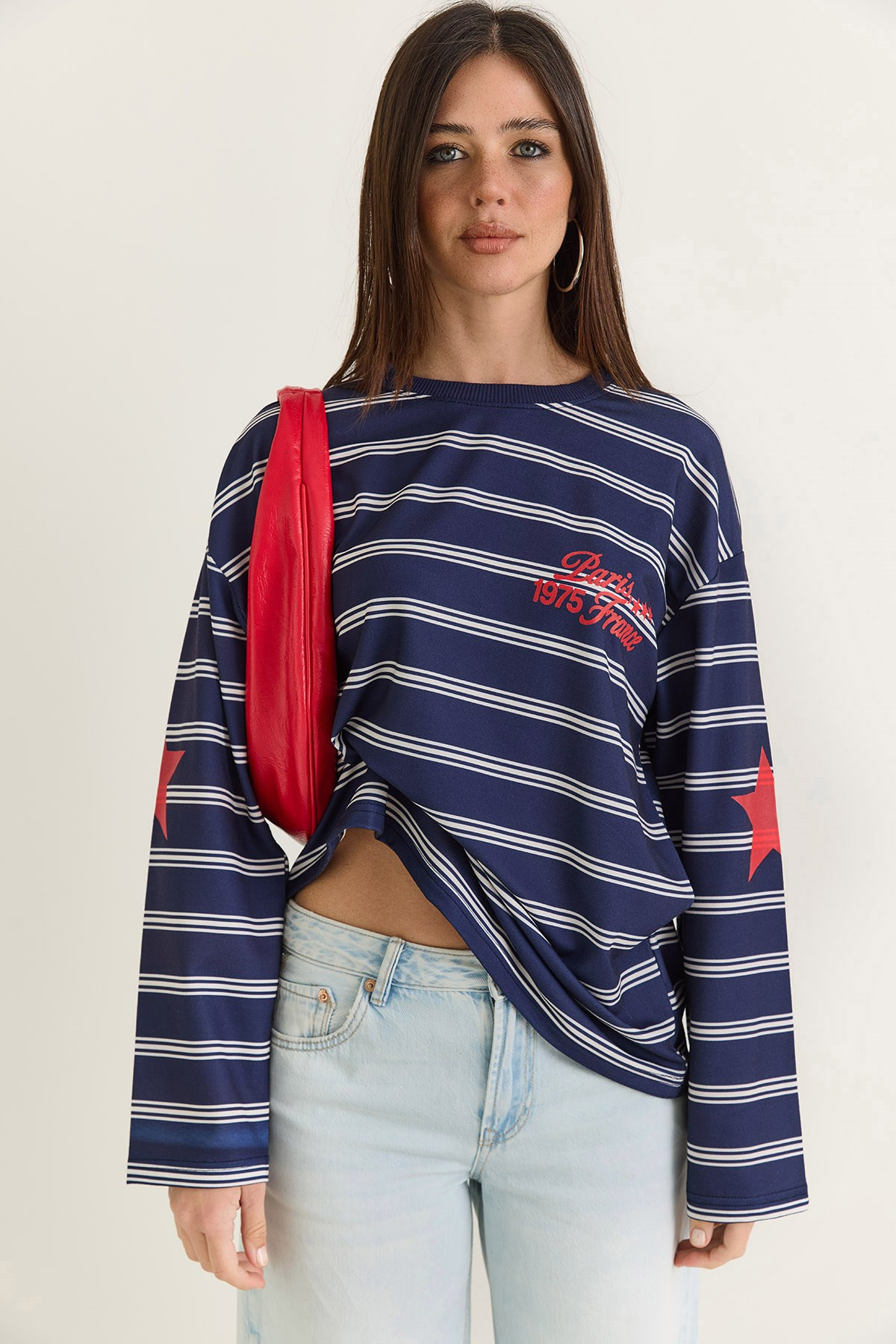 Kadın Paris Baskılı Çizgili Bisiklet Yaka Oversize Sweatshirt 2385 60286650 - Lacivert SWEATSHİRT modelleri