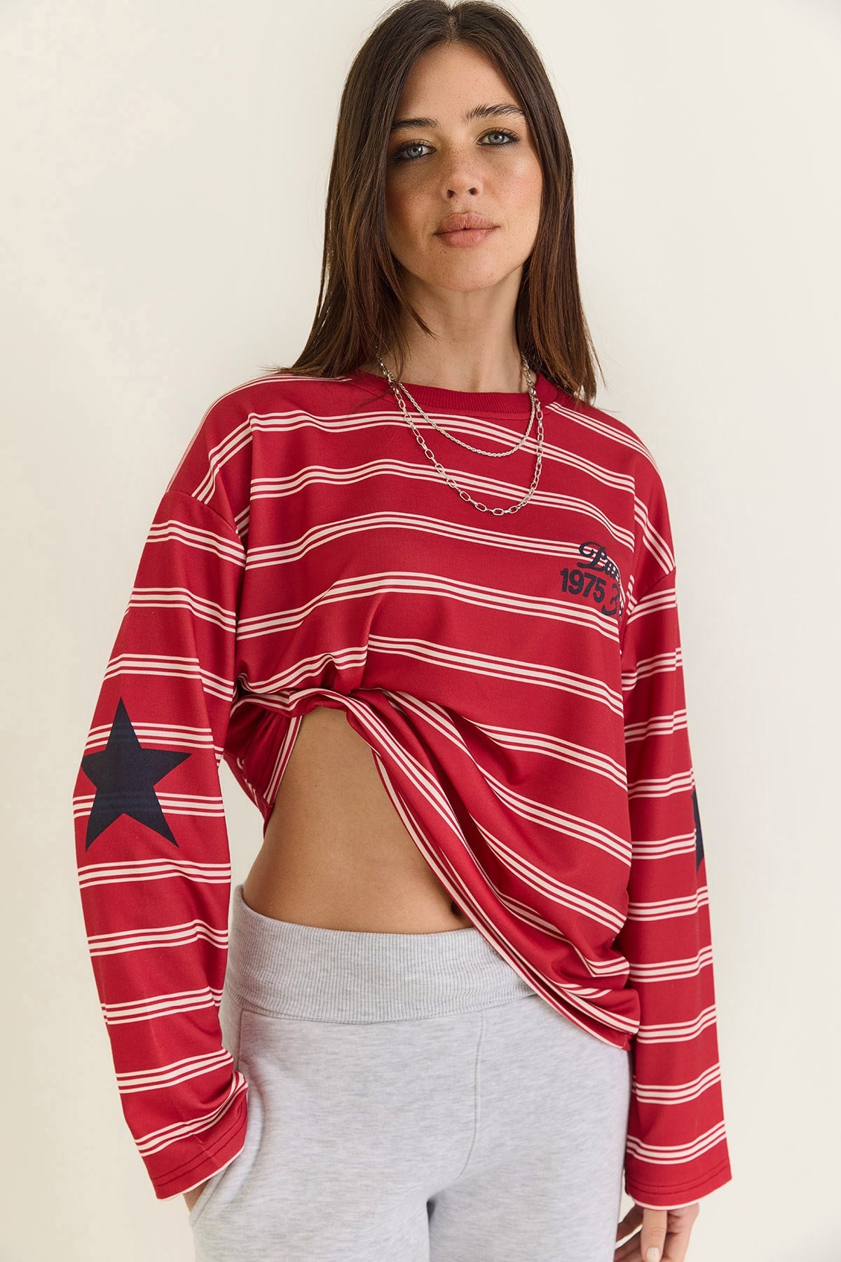 Kadın Paris Baskılı Çizgili Bisiklet Yaka Oversize Sweatshirt 2385 60286650 - Kırmızı SWEATSHİRT modelleri