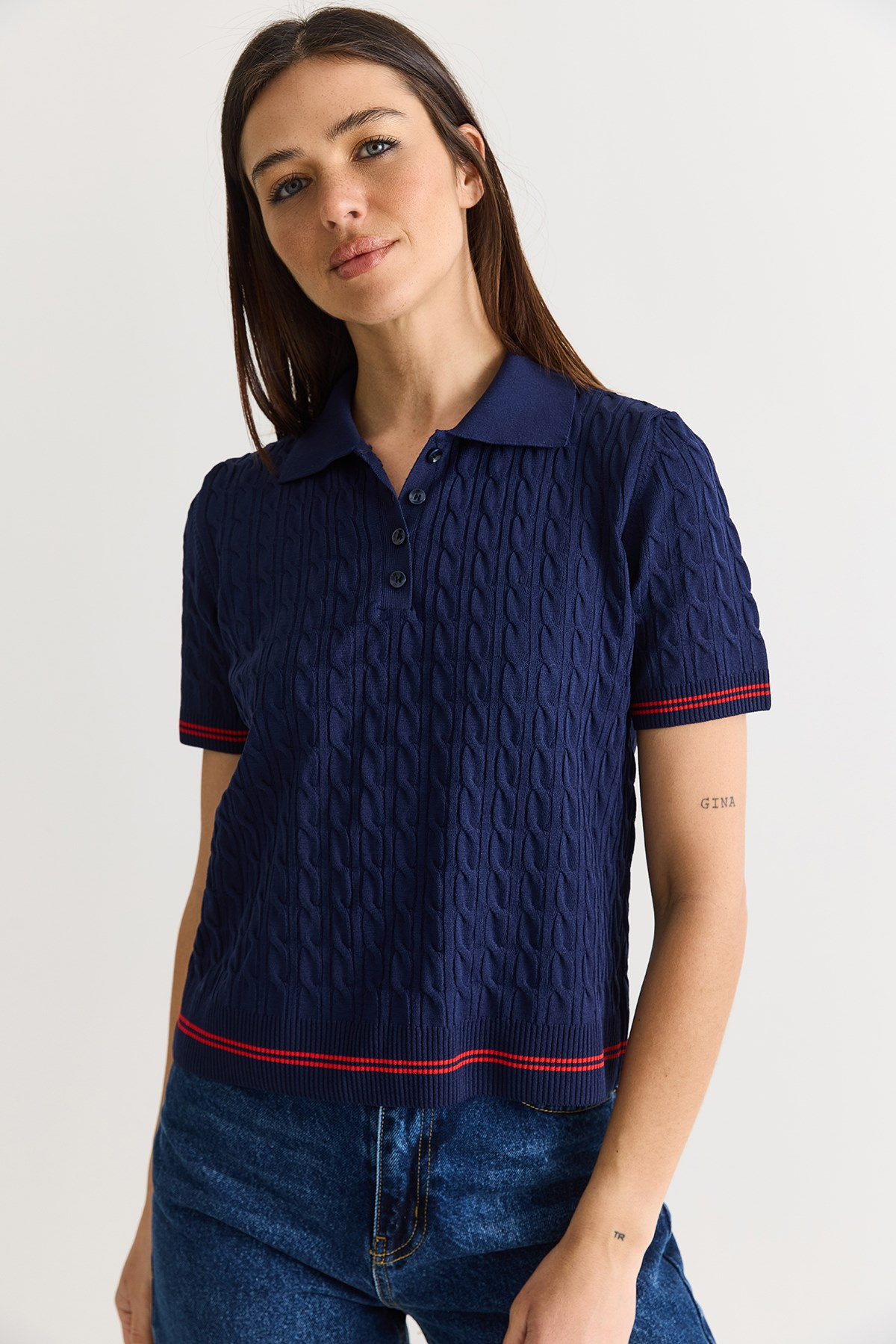 Kadın Polo Yaka Saç Örgü Desenli Kısa Kollu Triko Bluz 2903 60286569 - Lacivert BLUZ modelleri